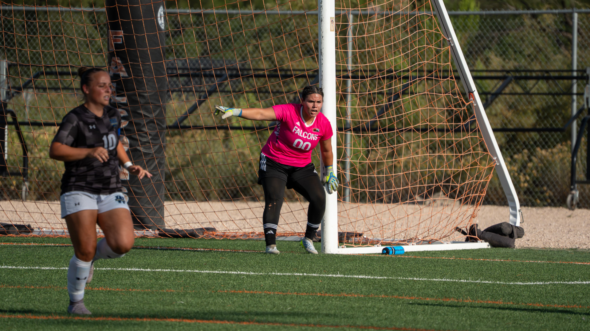 Alexia Hernandez in the goal against Wayland Baptist