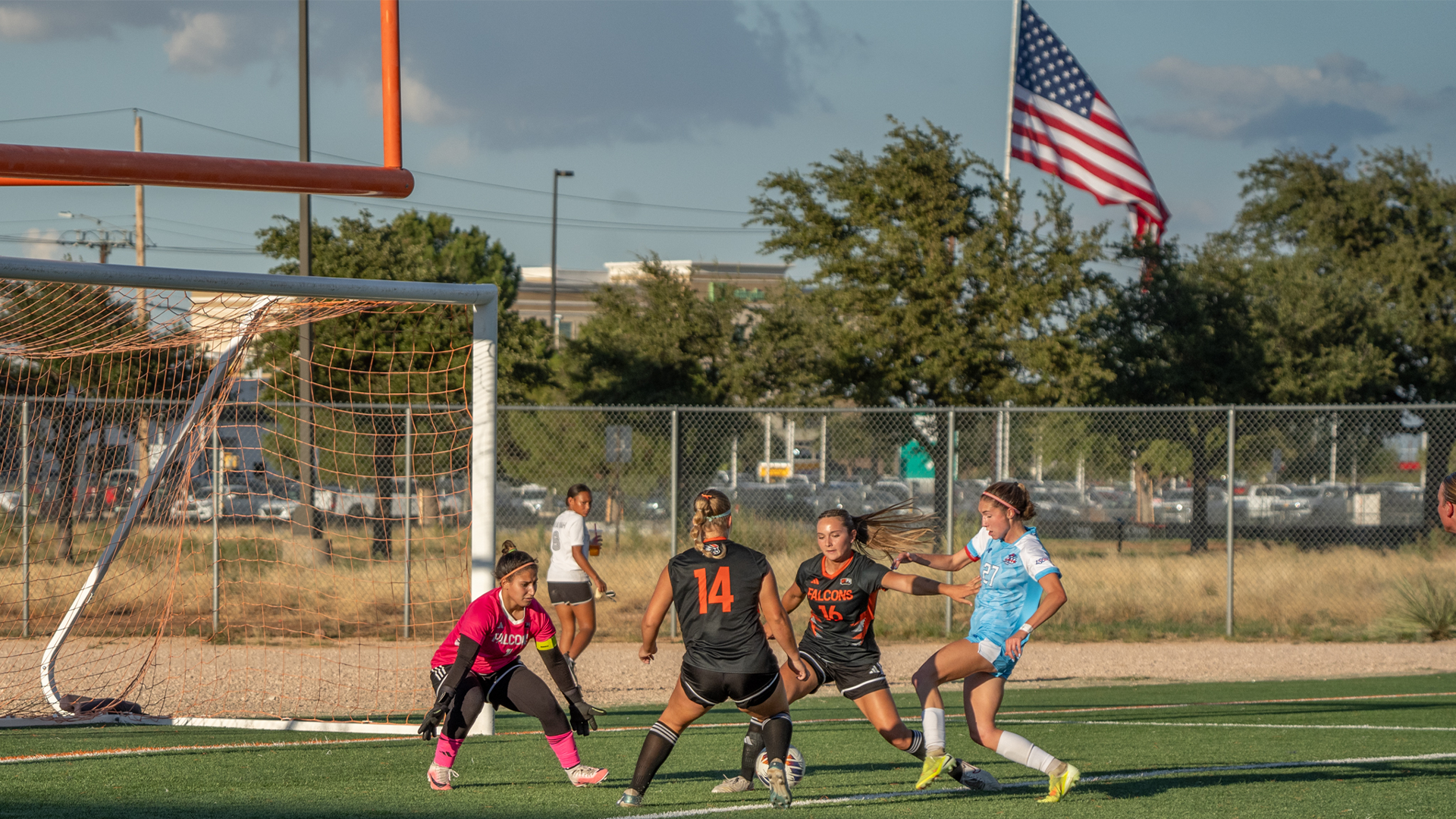 Valeria Delgado getting ready to make the save