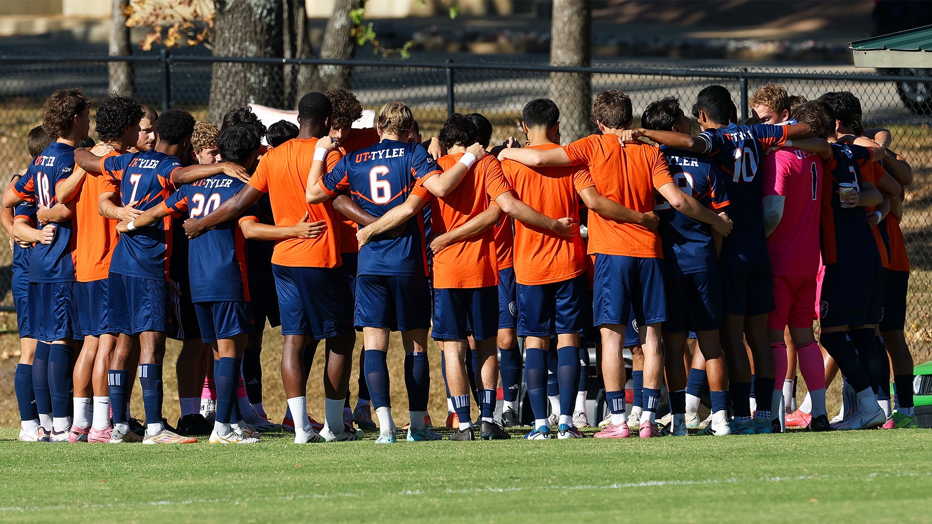 UT Tyler Men's Soccer huddles up prior to taking on Texas A&M International