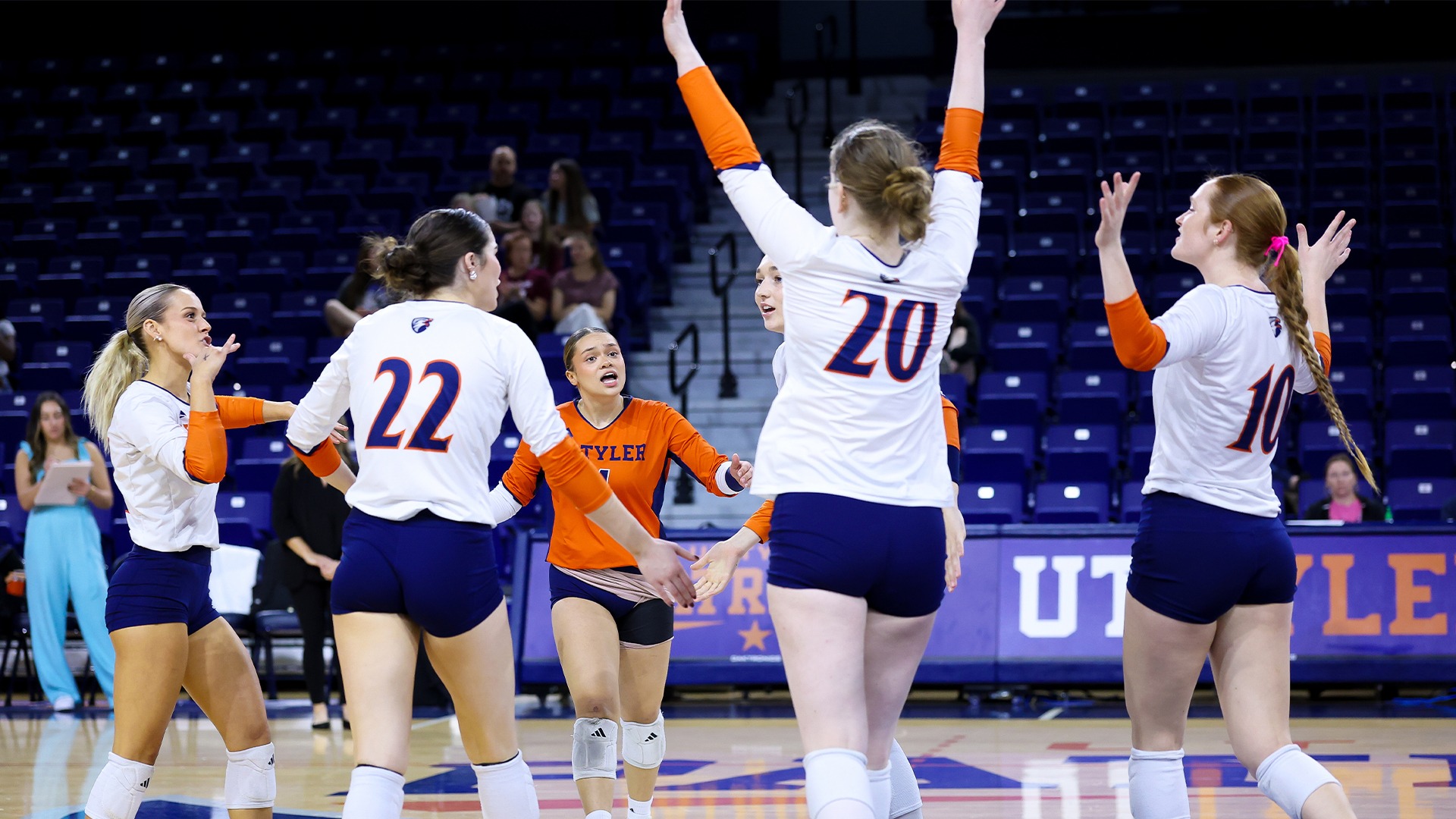 UT Tyler volleyball celebrates after a point against DBU
