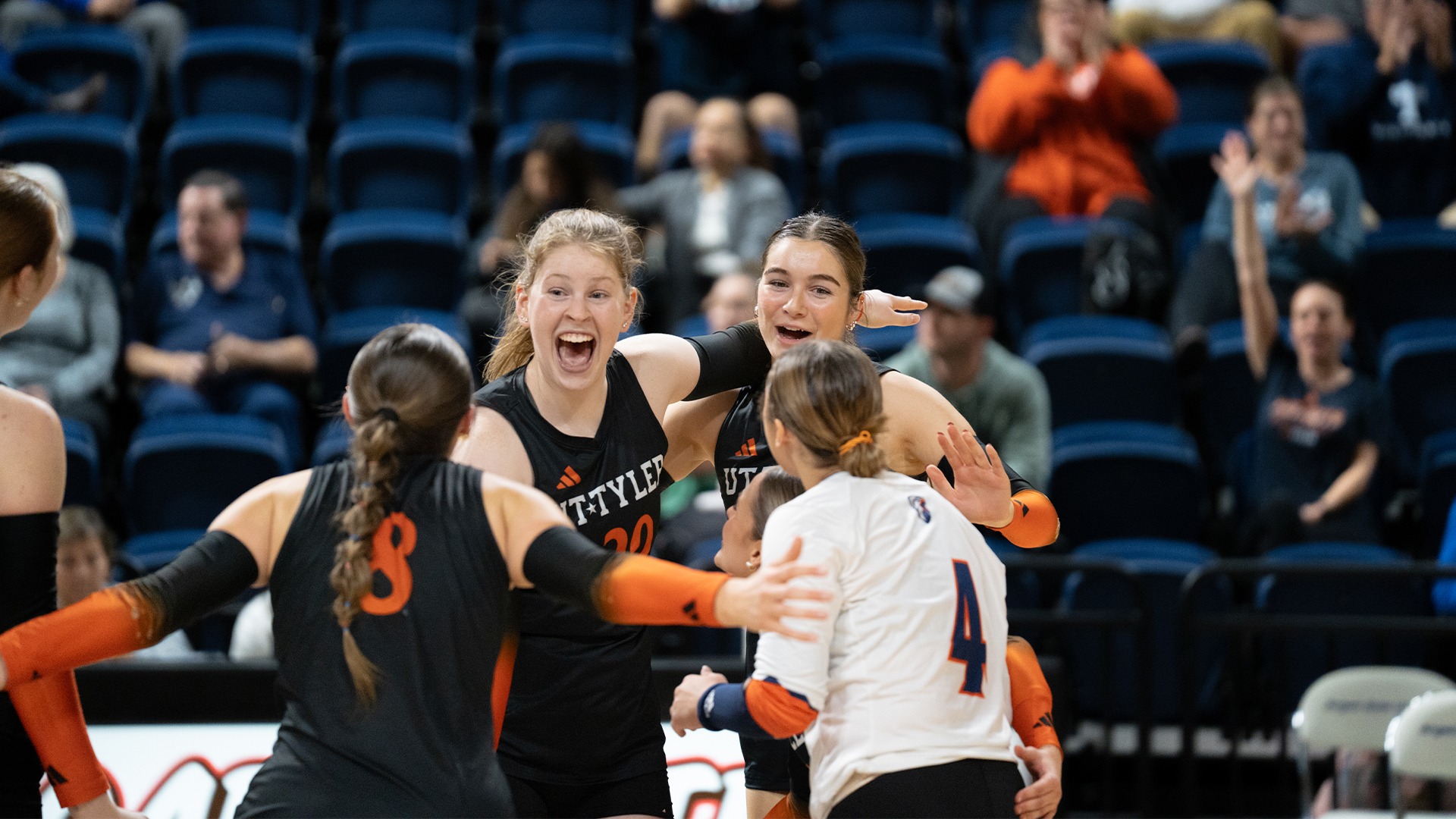 UT Tyler Volleyball celebrates a point over St. Mary's in the first round of the LSC Tournament. 