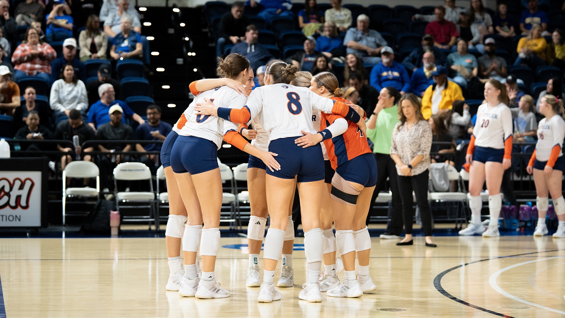 UT Tyler Volleyball huddles after a point against Angelo State in the LSC Tournament.