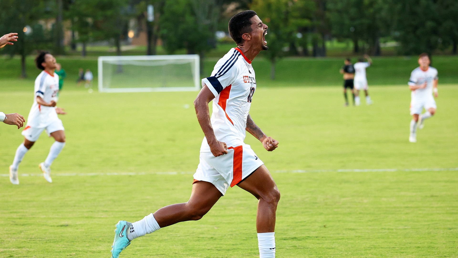 Luan Rangel celebrates after a goal against UCCS.