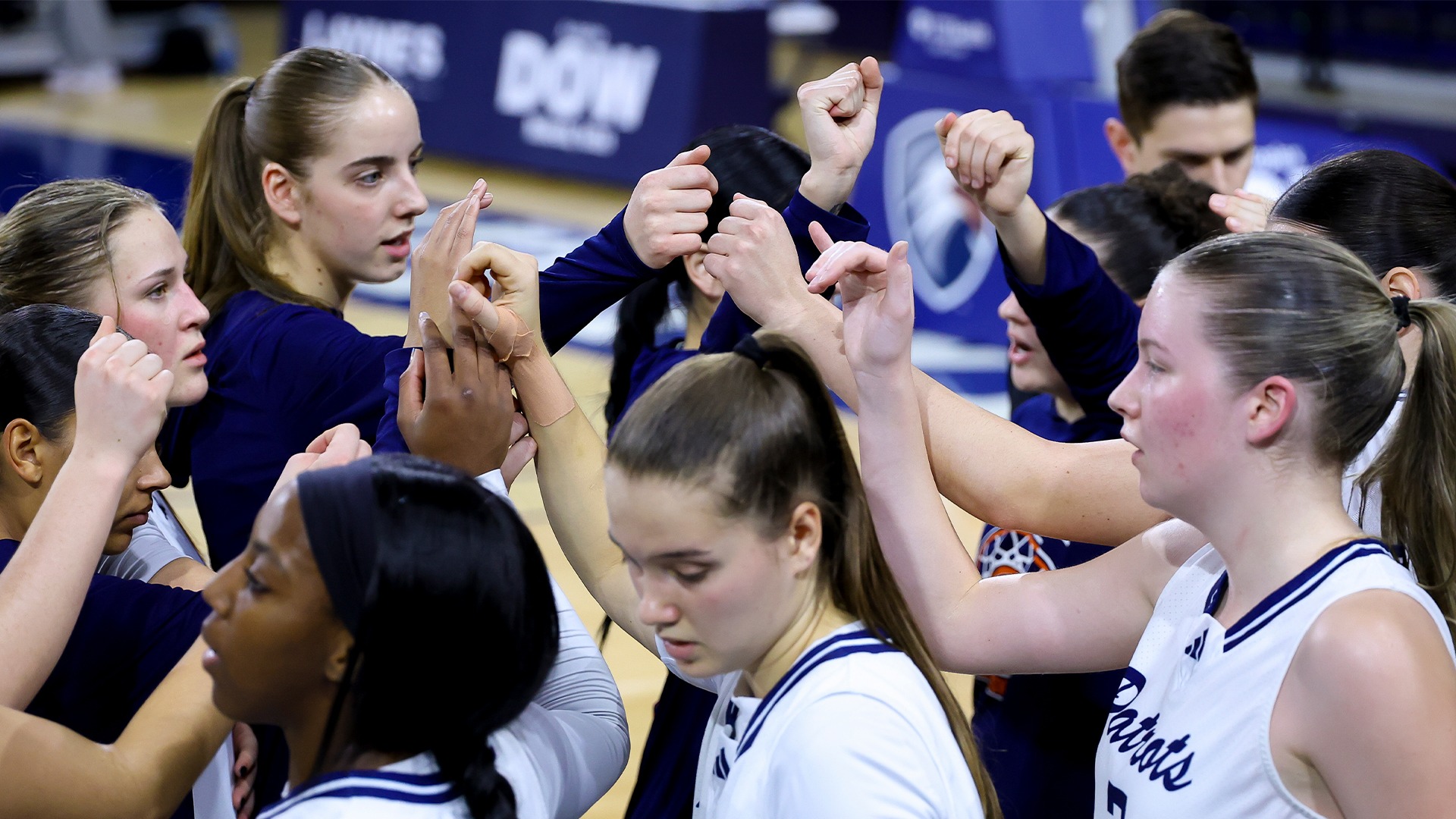 UT Tyler Women's Basketball huddles up against Adams State.