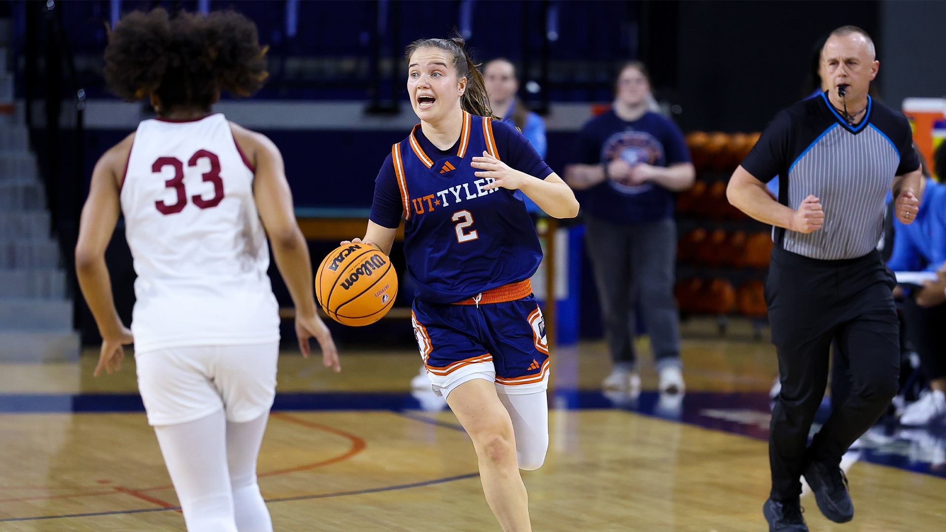 Polina Latysheva dribbles up the floor against #2 Texas Woman's.