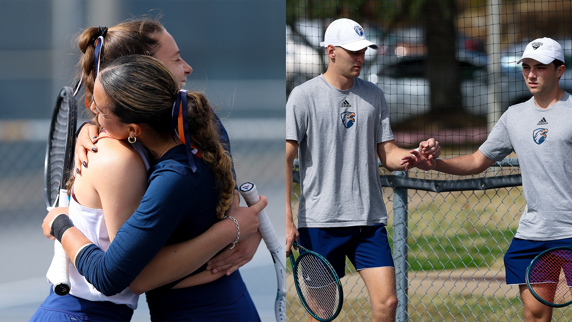 UT Tyler women's and men's tennis celebrate points against Southern Arkansas.