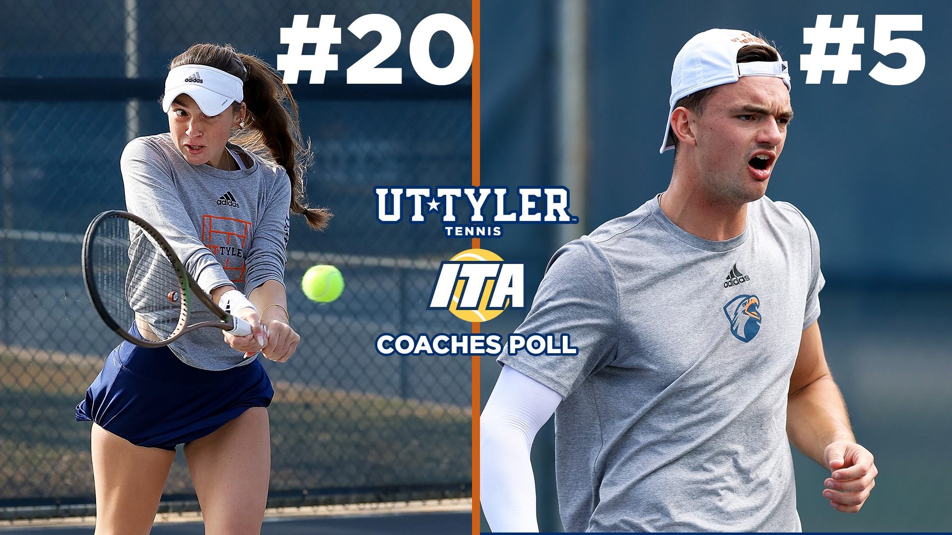 UT Tyler is ranked #20 in women's tennis and #5 in men's tennis.