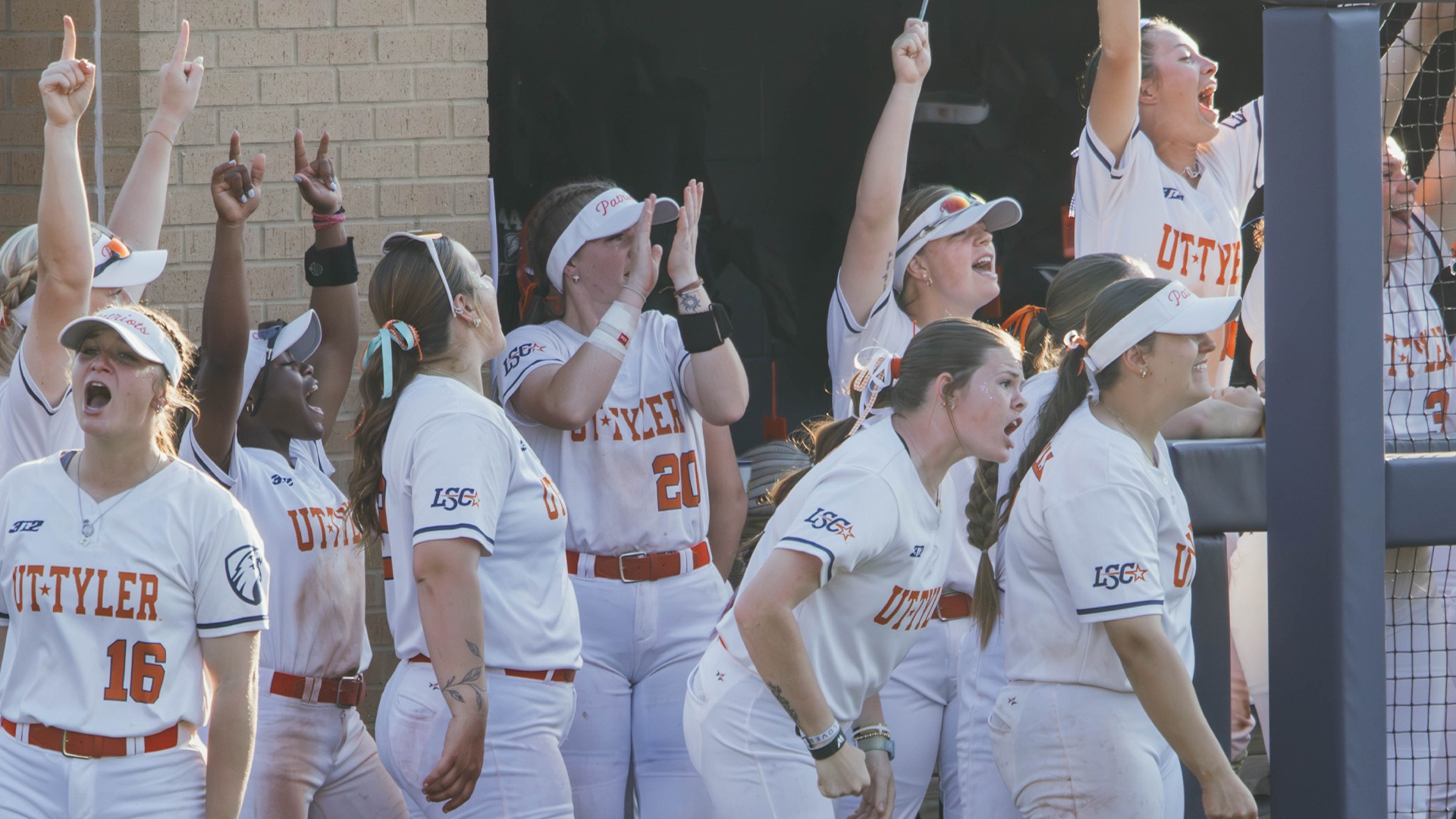 UT Tyler Softball's dugout celebrates a big hit against St. Edward's on Saturday.