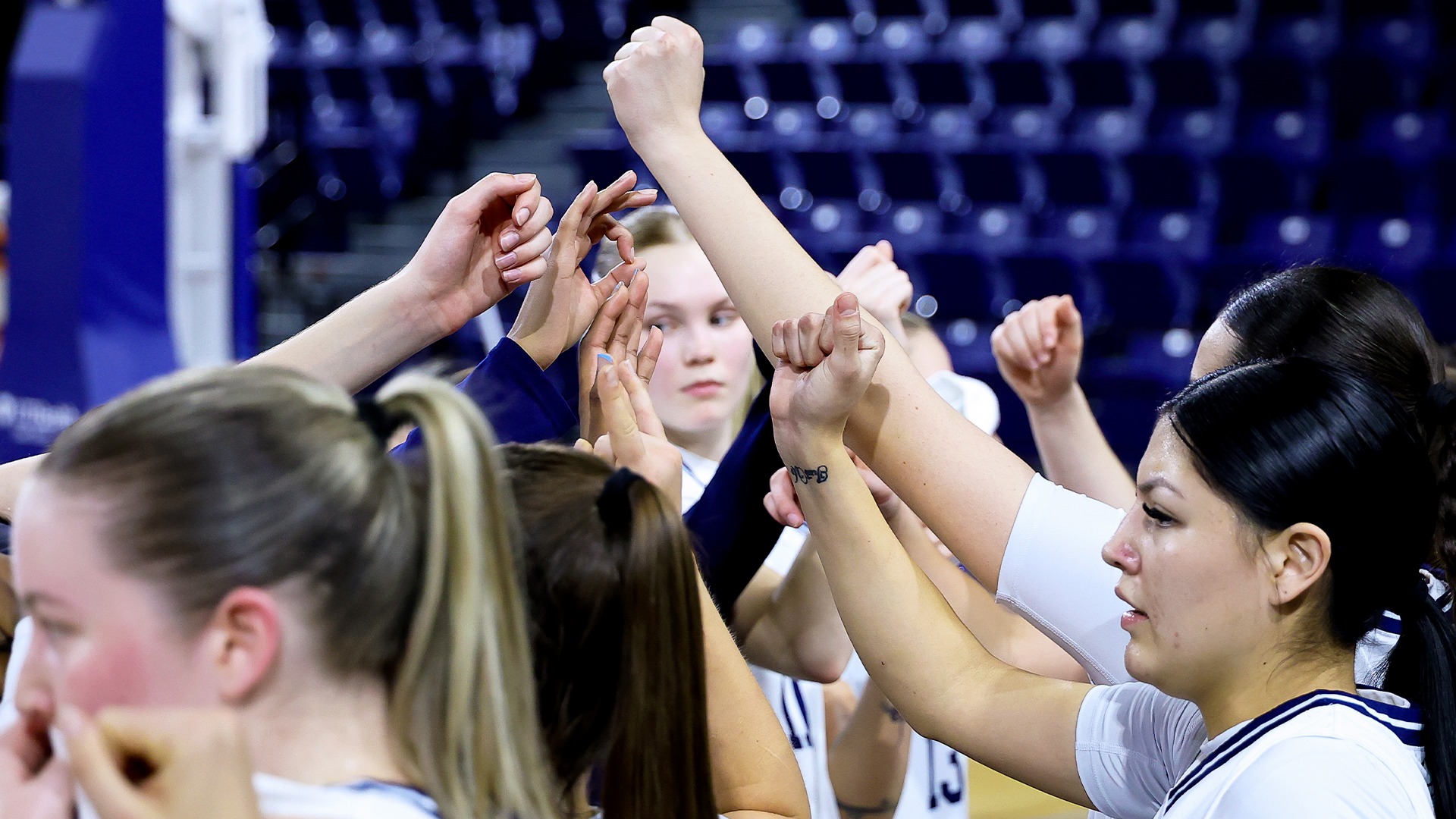 UT Tyler Women's Basketball breaks down a huddle against St. Edward's.