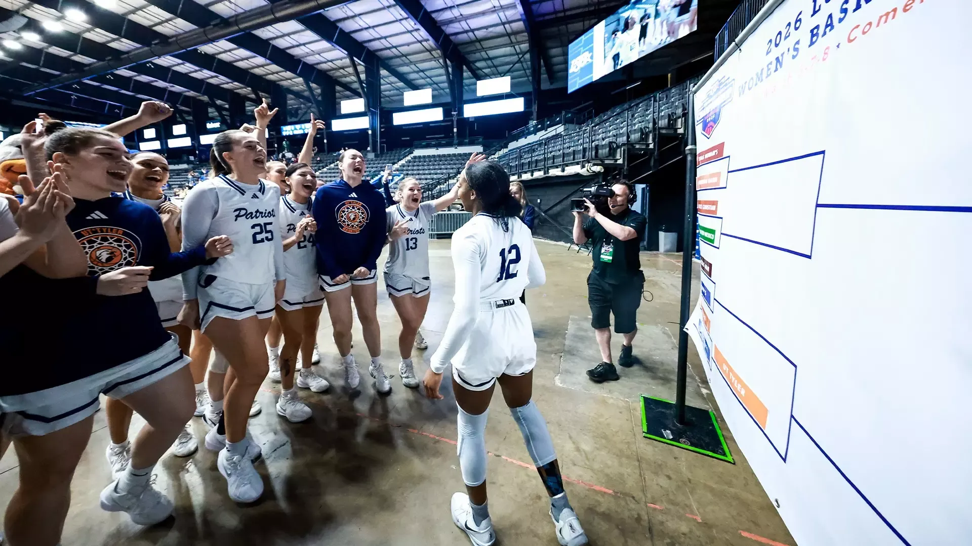 UT Tyler celebrates a win over Angelo State at the LSC Tournament.