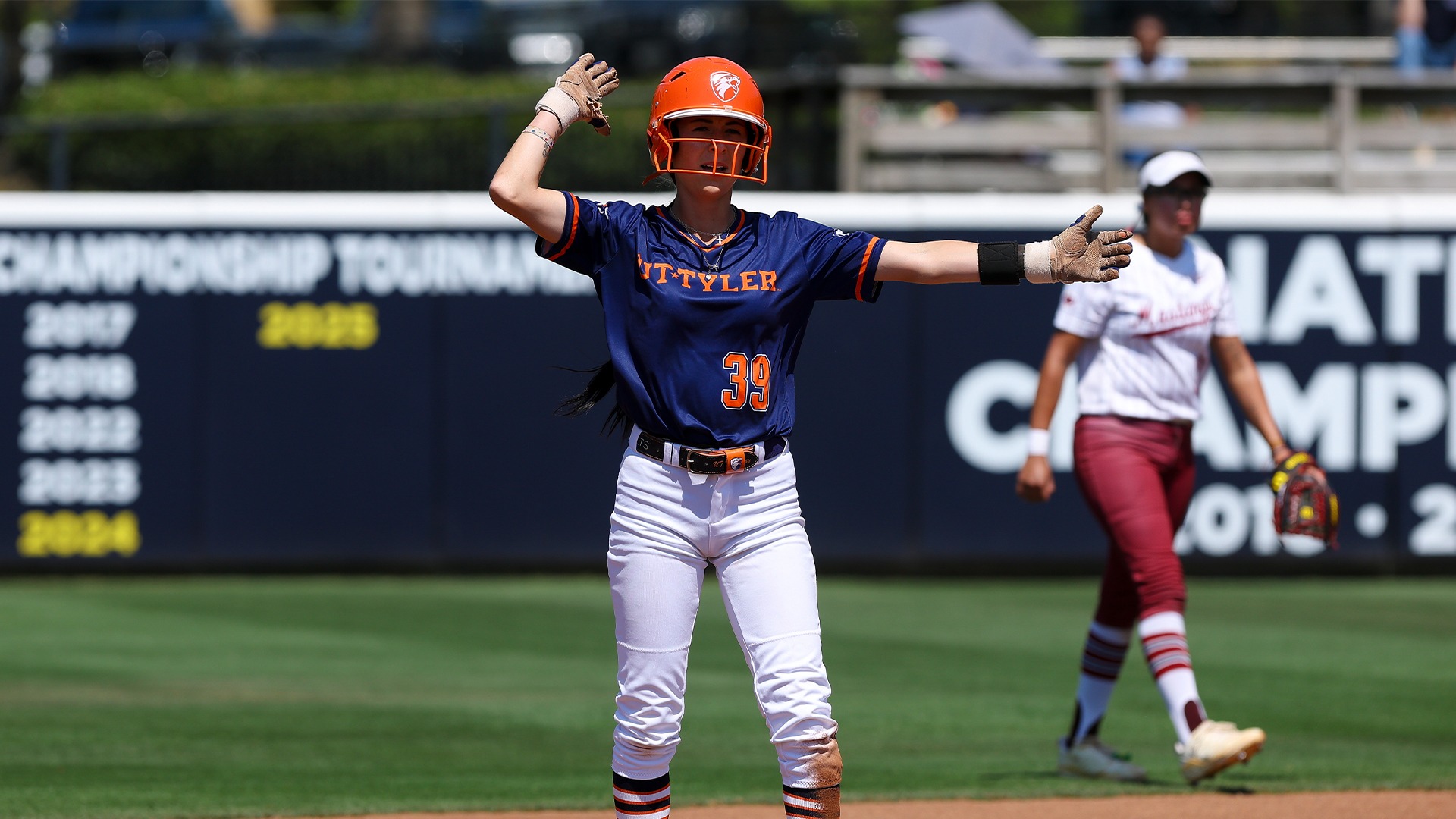 Dezirae Lopez reacts after a double against Midwestern State.