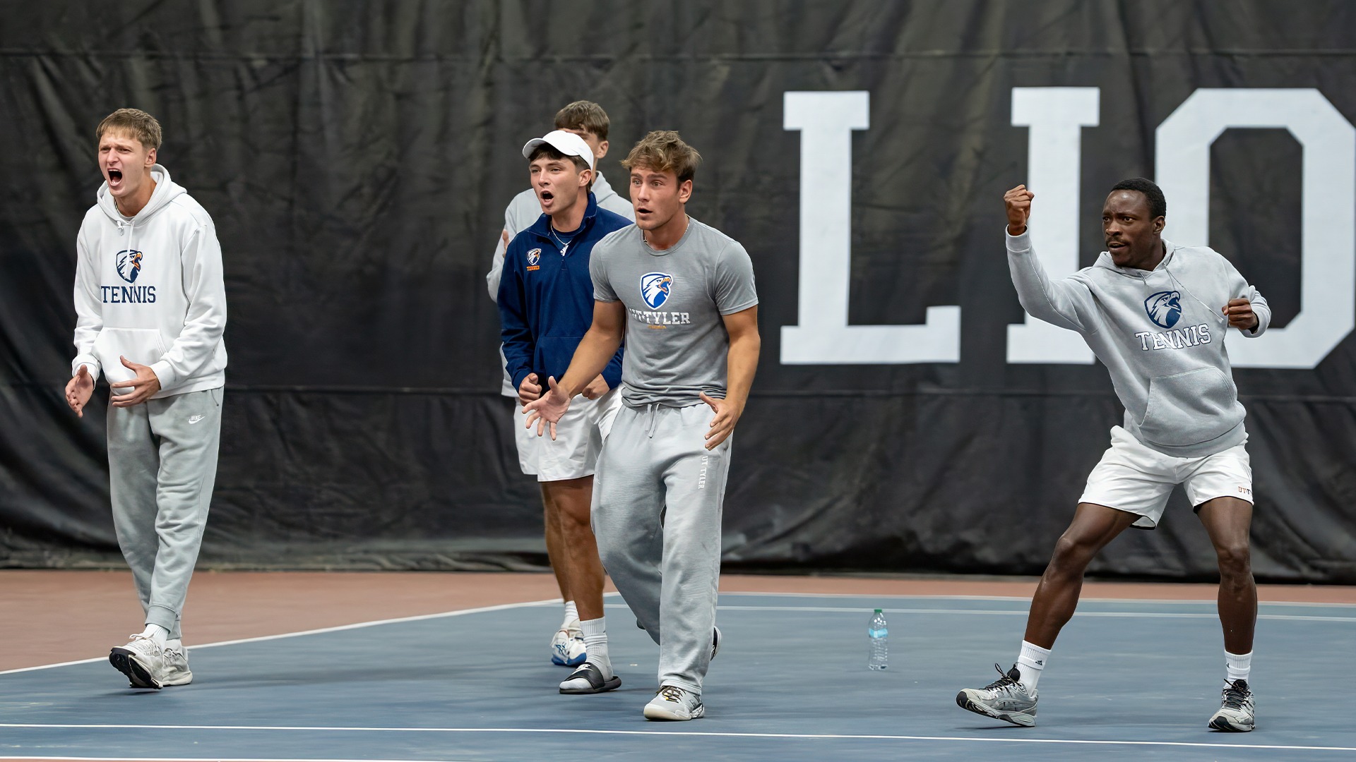 The Patriots celebrate a point in their win against Cameron in the LSC Tournament