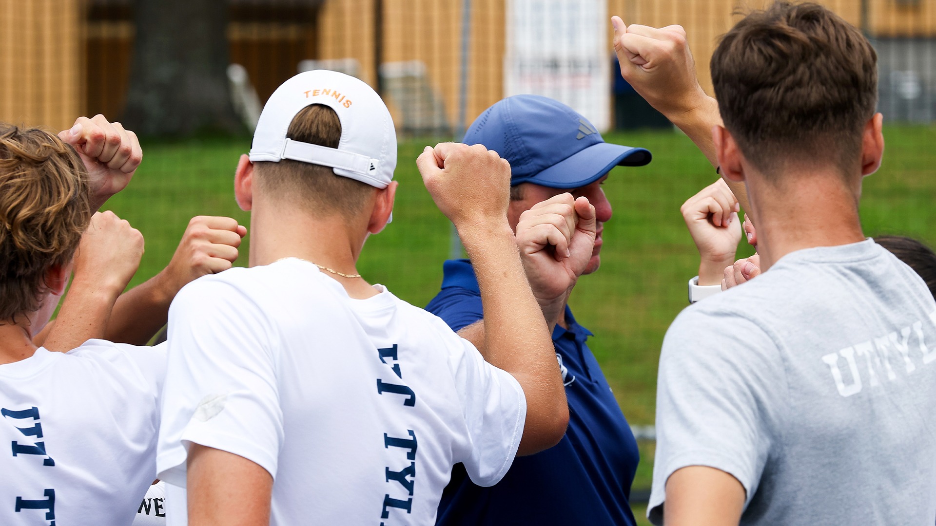 UT Tyler men's tennis huddles up prior to taking on St. Mary's