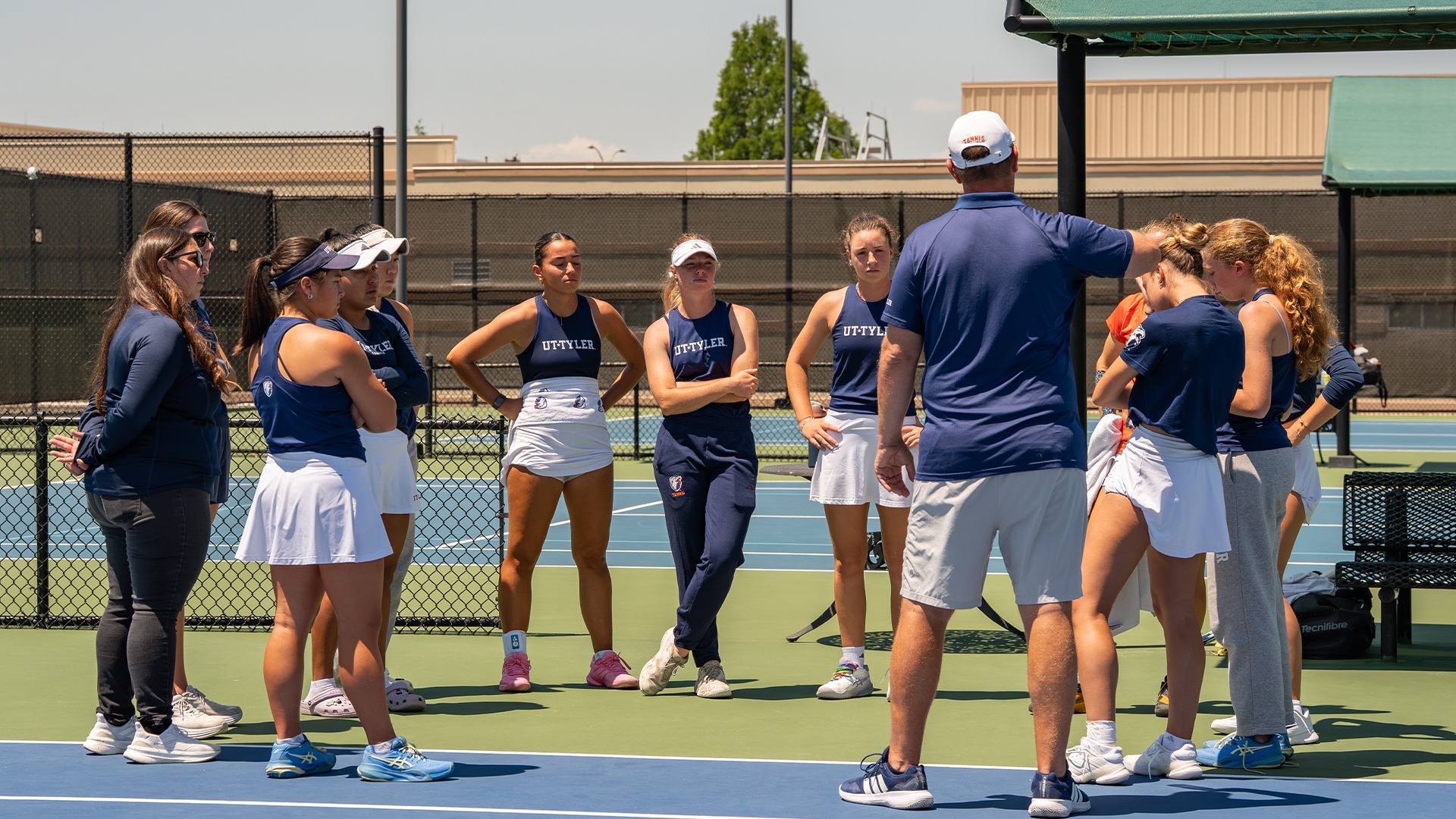 UT Tyler Women's Tennis huddles up prior to the LSC Championship match against Midwestern State.