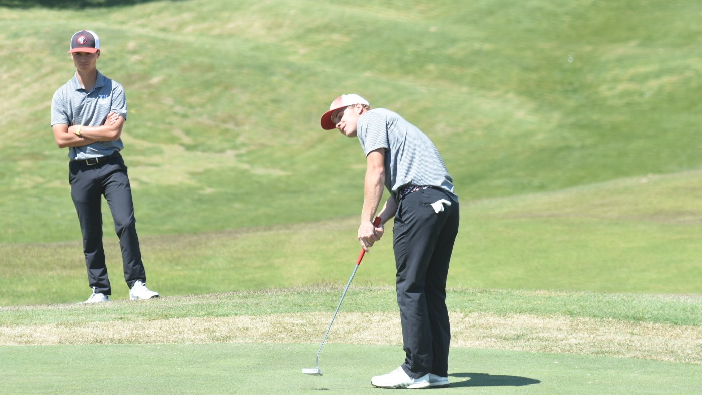 Gray Campbell, assistant coach (left), Trace Robinson, in first round of 2026 GSC Championship, Dickson, Tennessee, Greystone Golf Club, April 20, 2026.