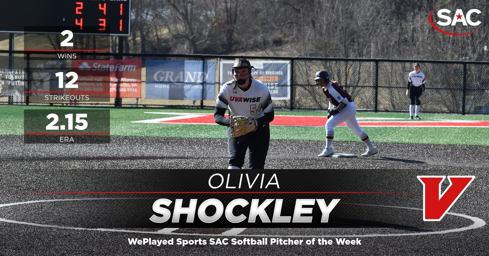 Olivia Shockley named SAC Pitcher of the Week informational graphic