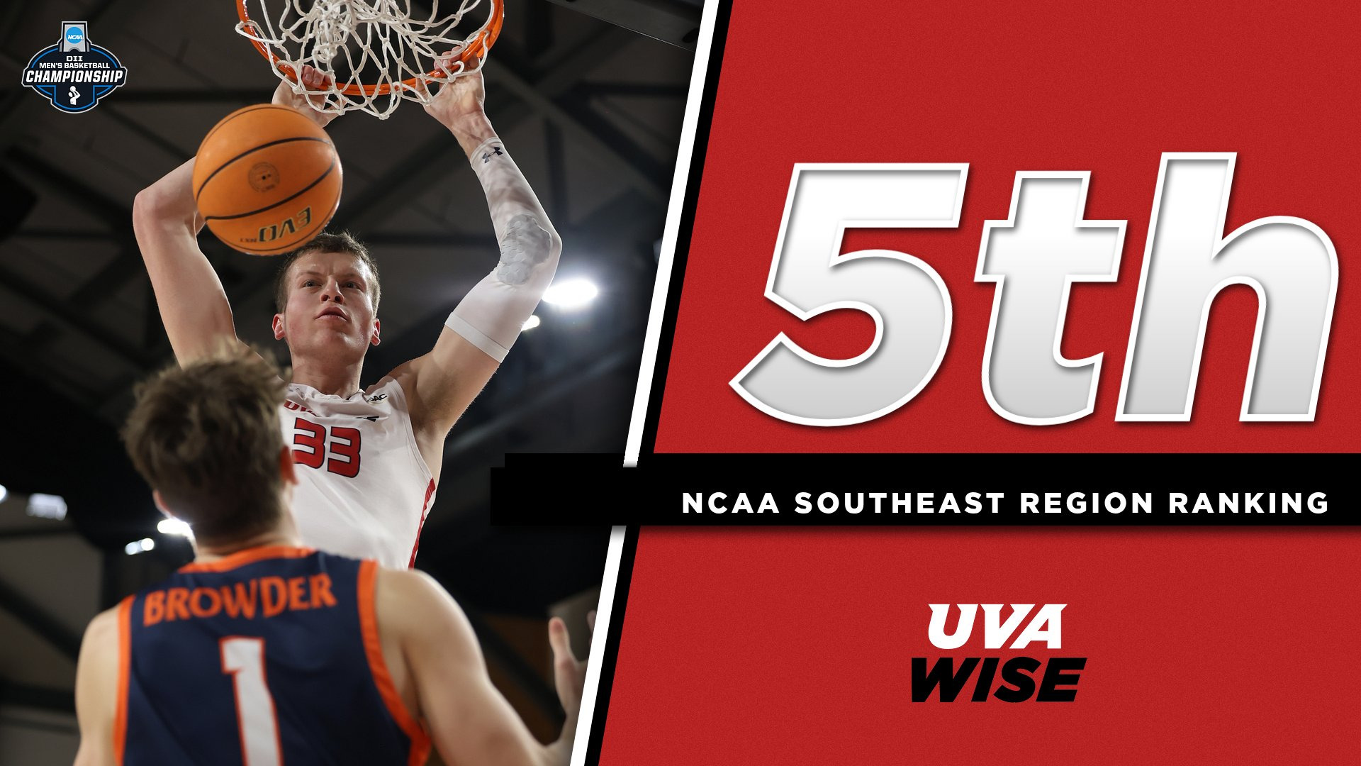 Men's basketball ranked fifth in Southeast Region - photo of Evan Ramsey dunking on an anonymous player from Carson-Newman