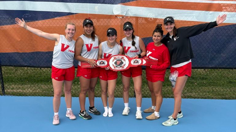 Women's Tennis celebrates their first win over Carson-Newman -- 2026