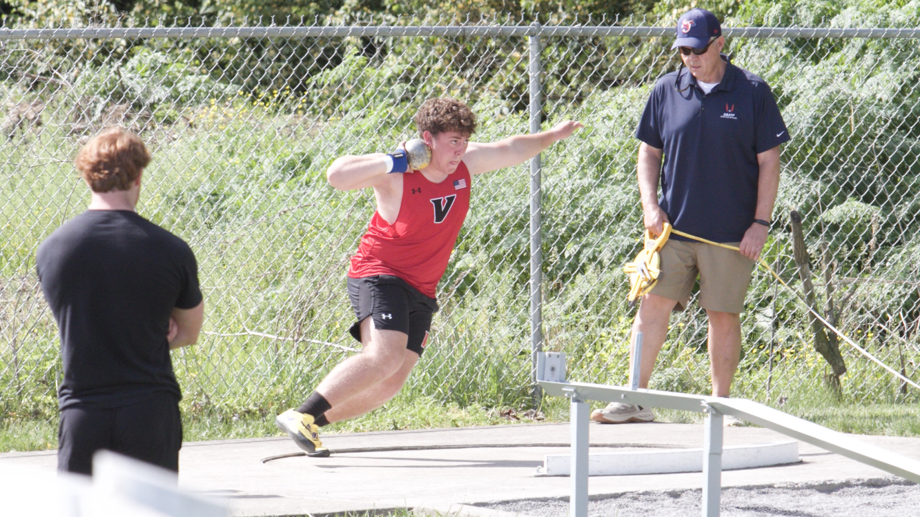 Male athlete throws a shot put at Centre Invitational -- April 2026
