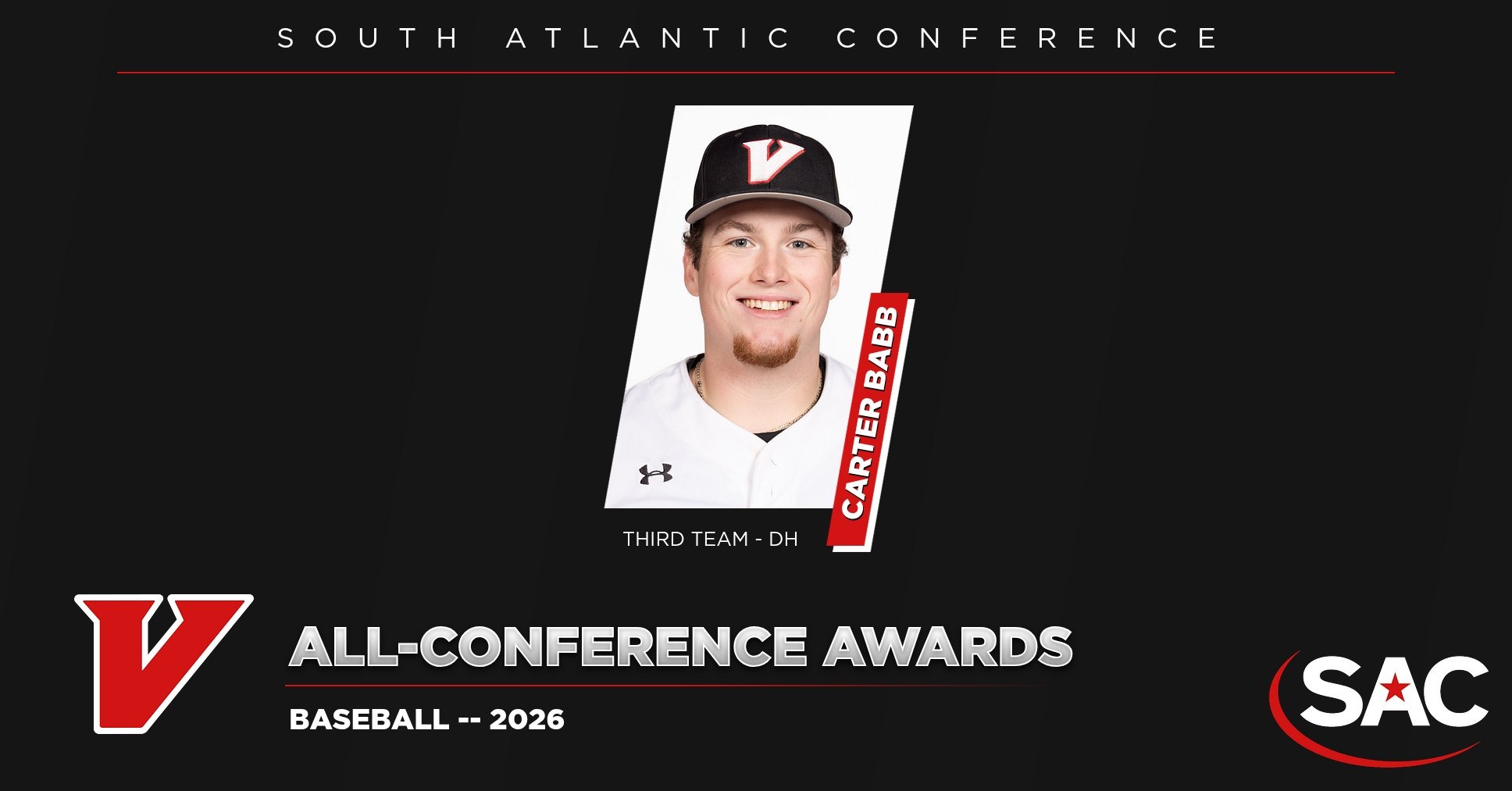 Baseball All-SAC 2026 graphic with Carter Babb Headshot