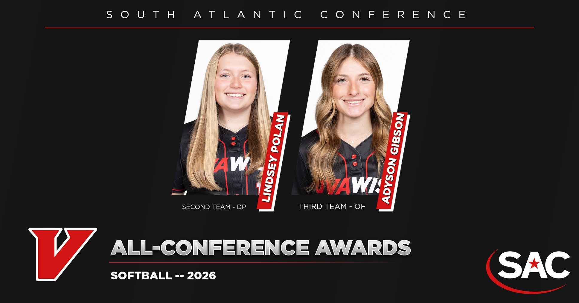 Softball All-SAC graphic with Lindsey Polan and Adyson Gibson headshots - 2026