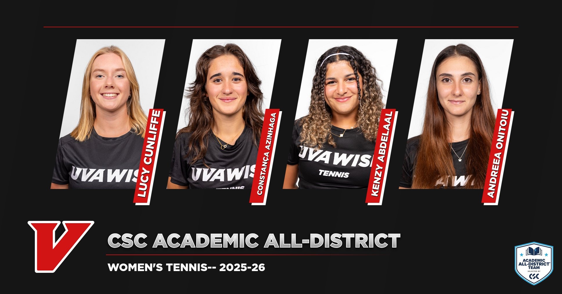 2025-26 CSC Women's Tennis Academic All-District winners with their headshots