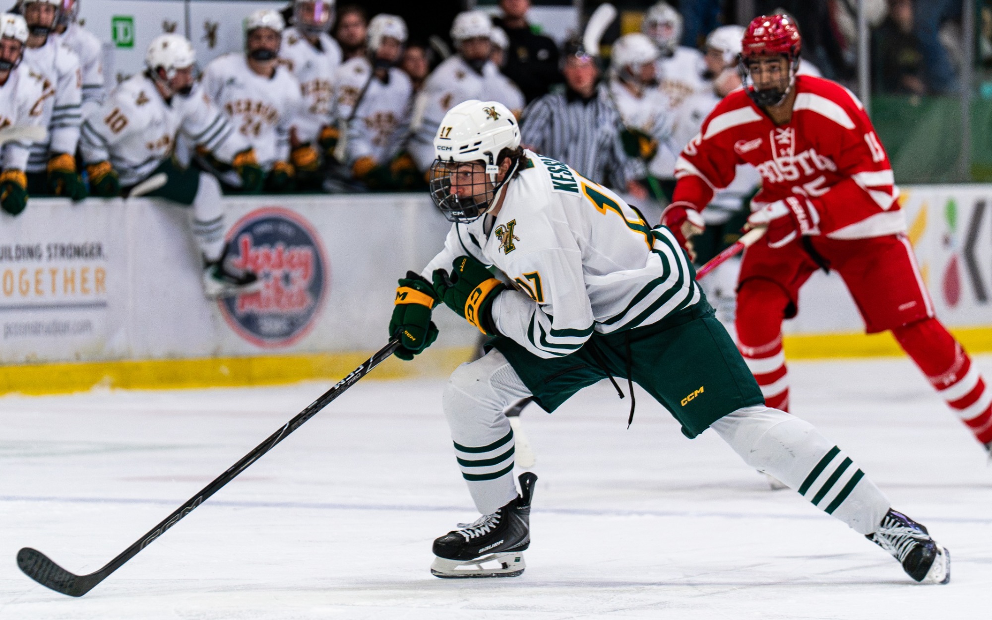Forward Colin Kessler engages on forecheck in Vermont zone October 17