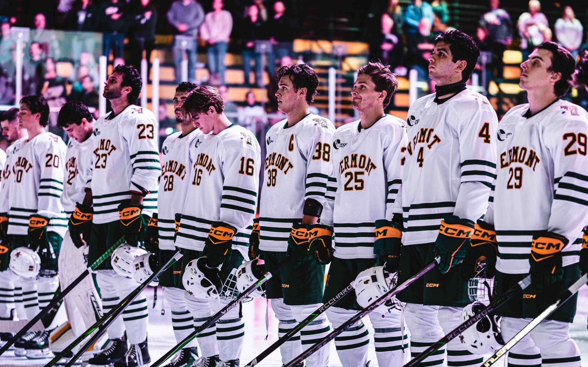 Catamounts middle close up on the blueline during national anthem on October 3