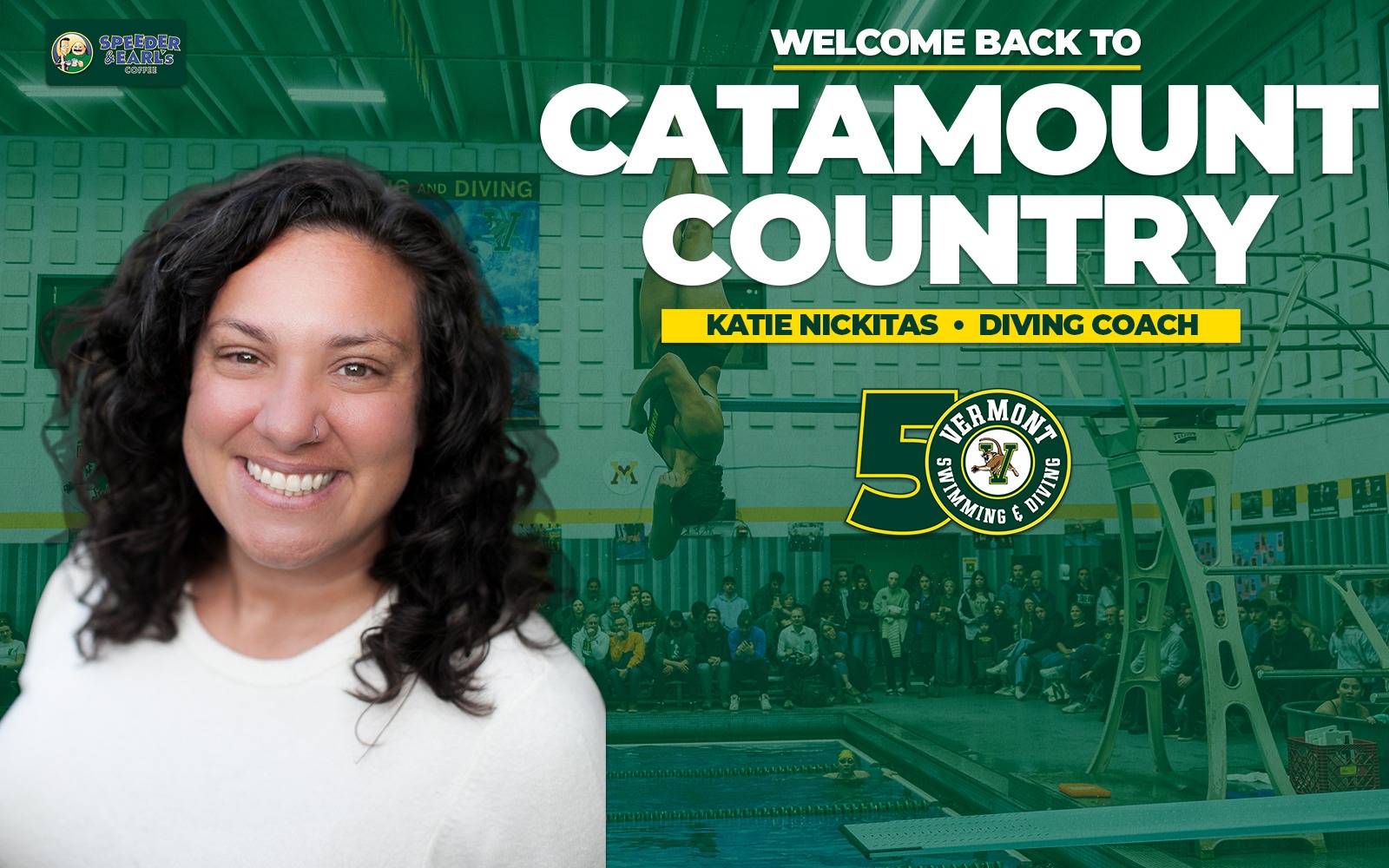 New Diving Coach Katie Nickitas is featured with a headshot in front of a generic wide shot of the Forbush Natatorium