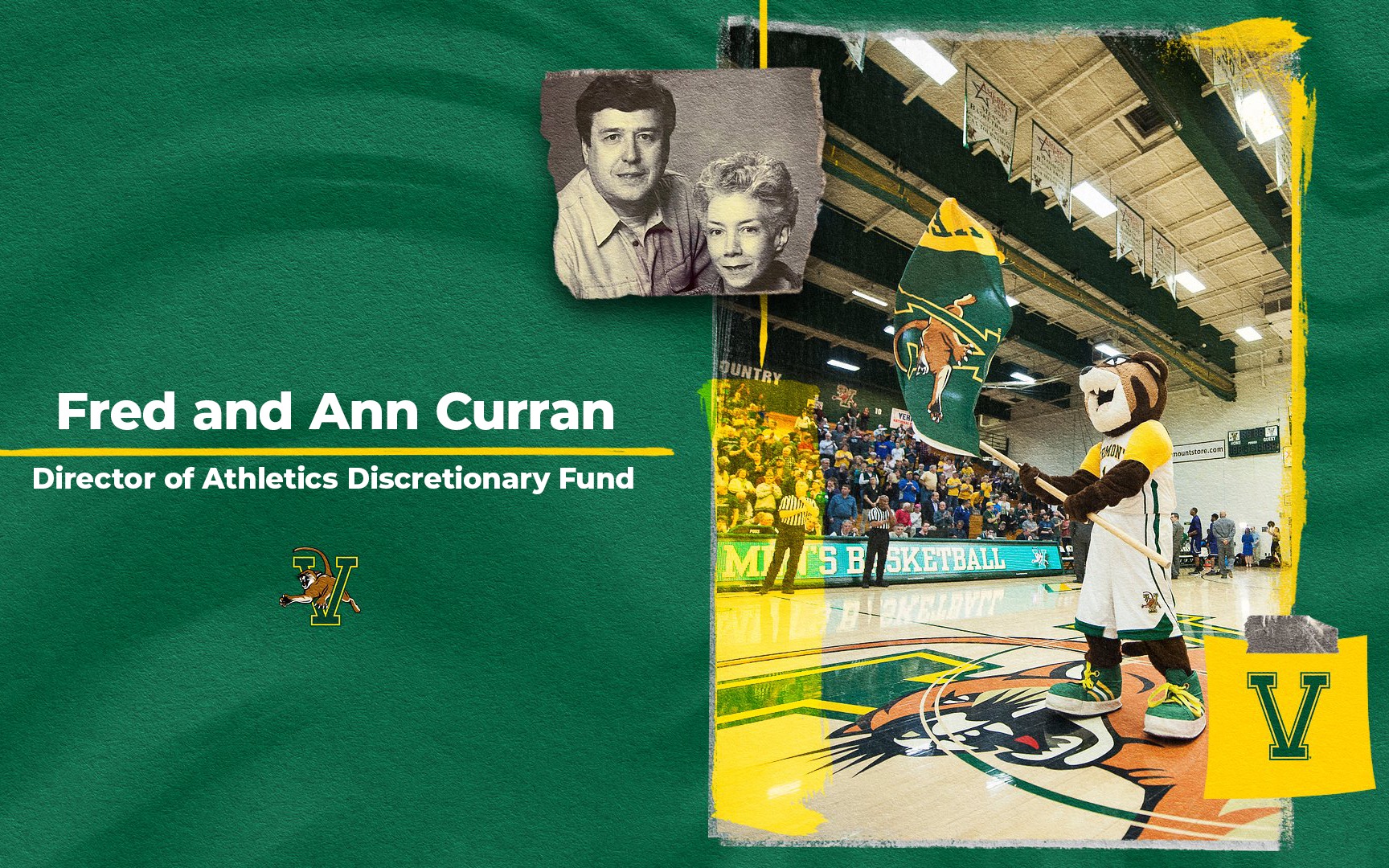 Graphic that showcases Ann and Fred Curran along with additional photo of the mascot Rally waving a flag