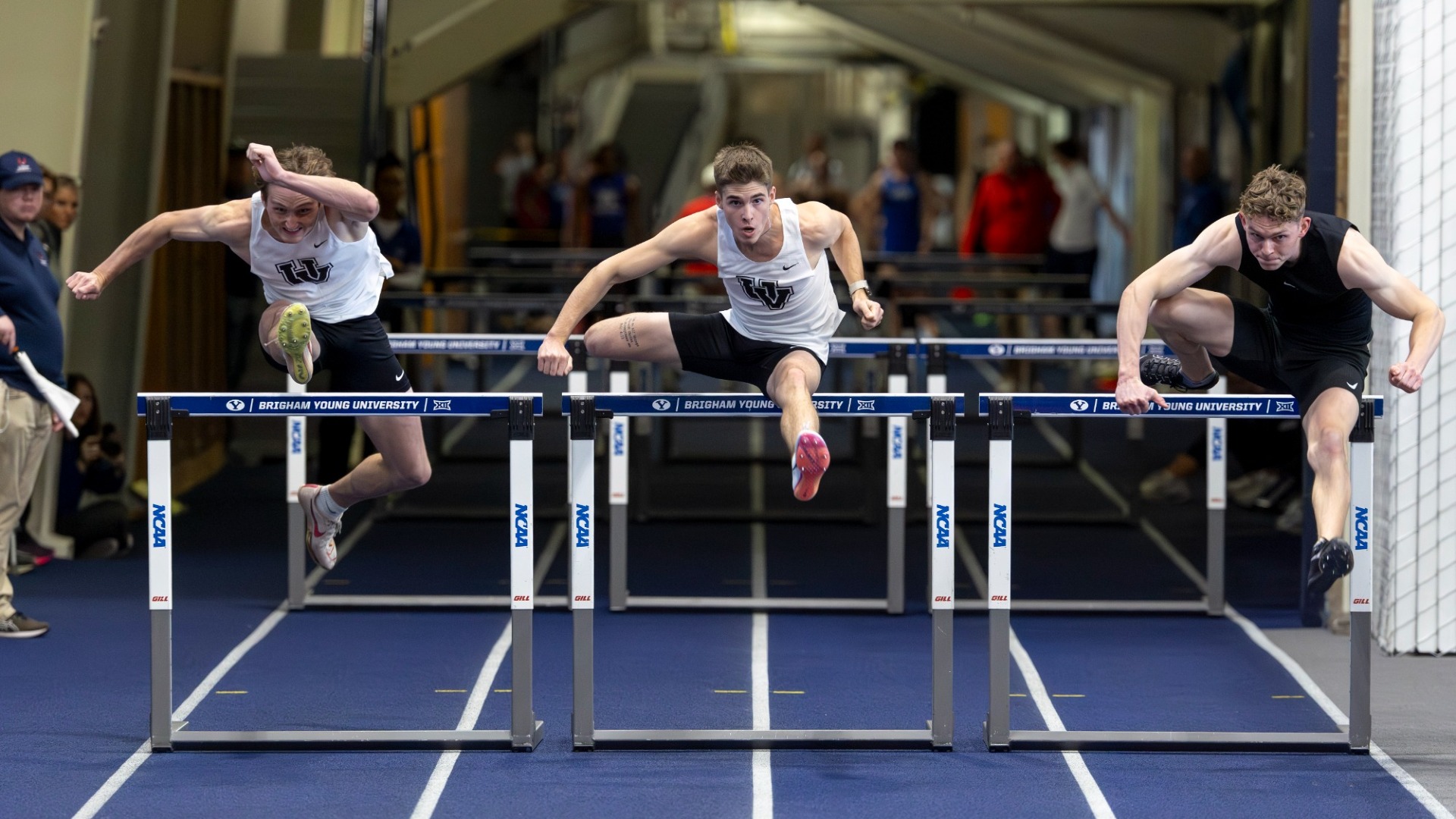 James Duncan and Matt Maclennan run the hurdles at BYU.