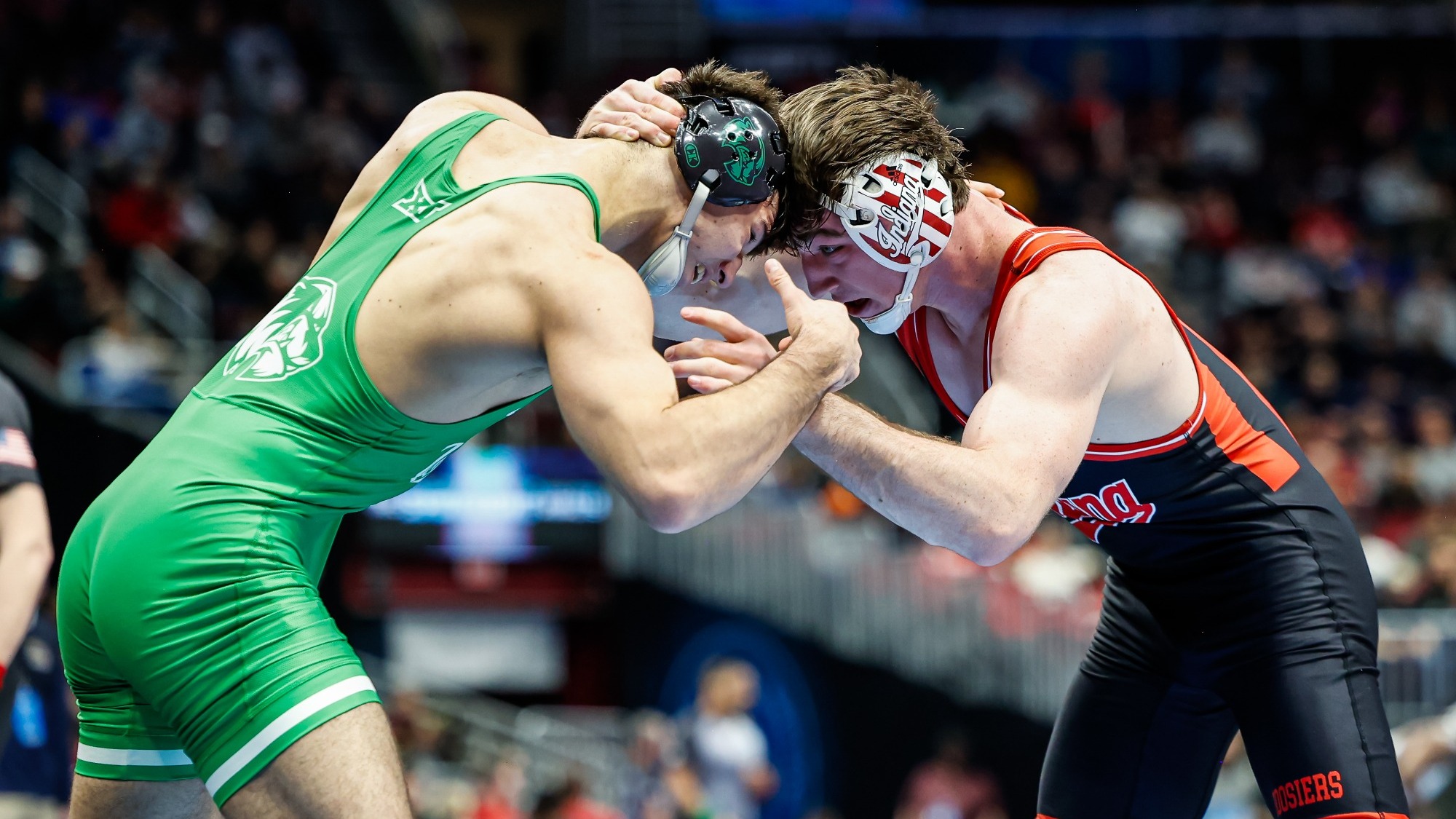 Caleb Uhlenhopp and Sam Goin wrestle during the pigtail match at 184 pounds at the 2026 NCAA Wrestling Championships