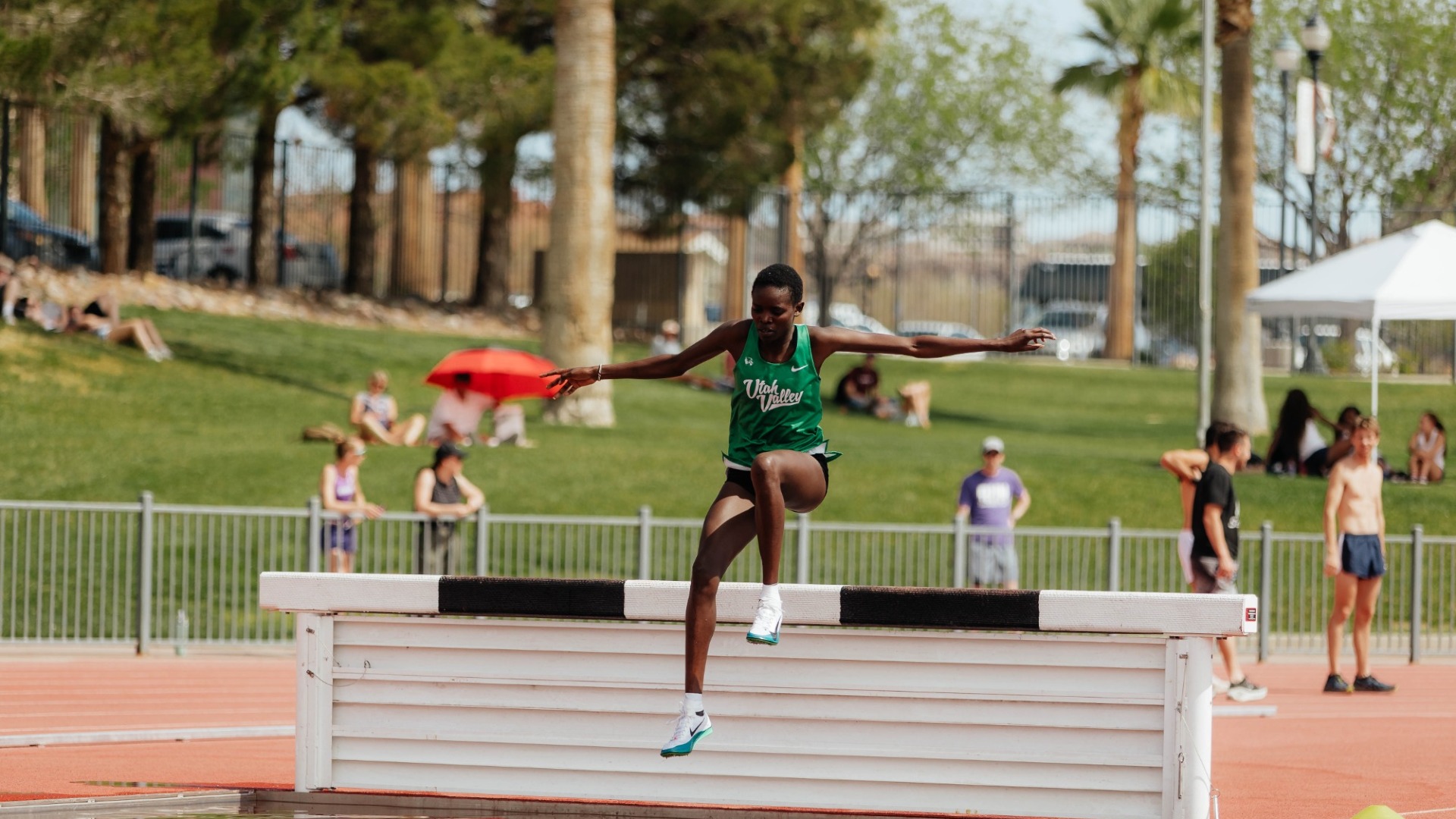 Caren Kipsirat runs the steeplechase at Utah Tech.