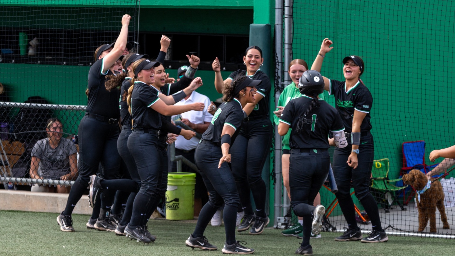Team celebrates Amber Rodriguez's homer vs Utah Tech.