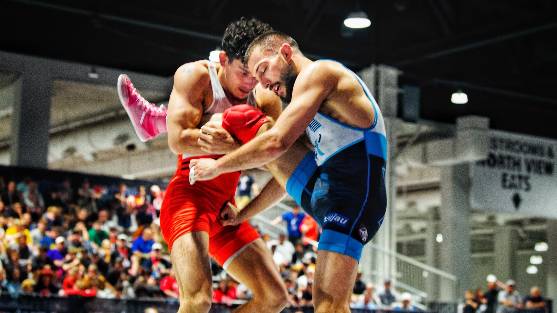 David Evans wrestles Vitali Arujau at the 2026 U.S. Senior Open Freestyle Wrestling Championships