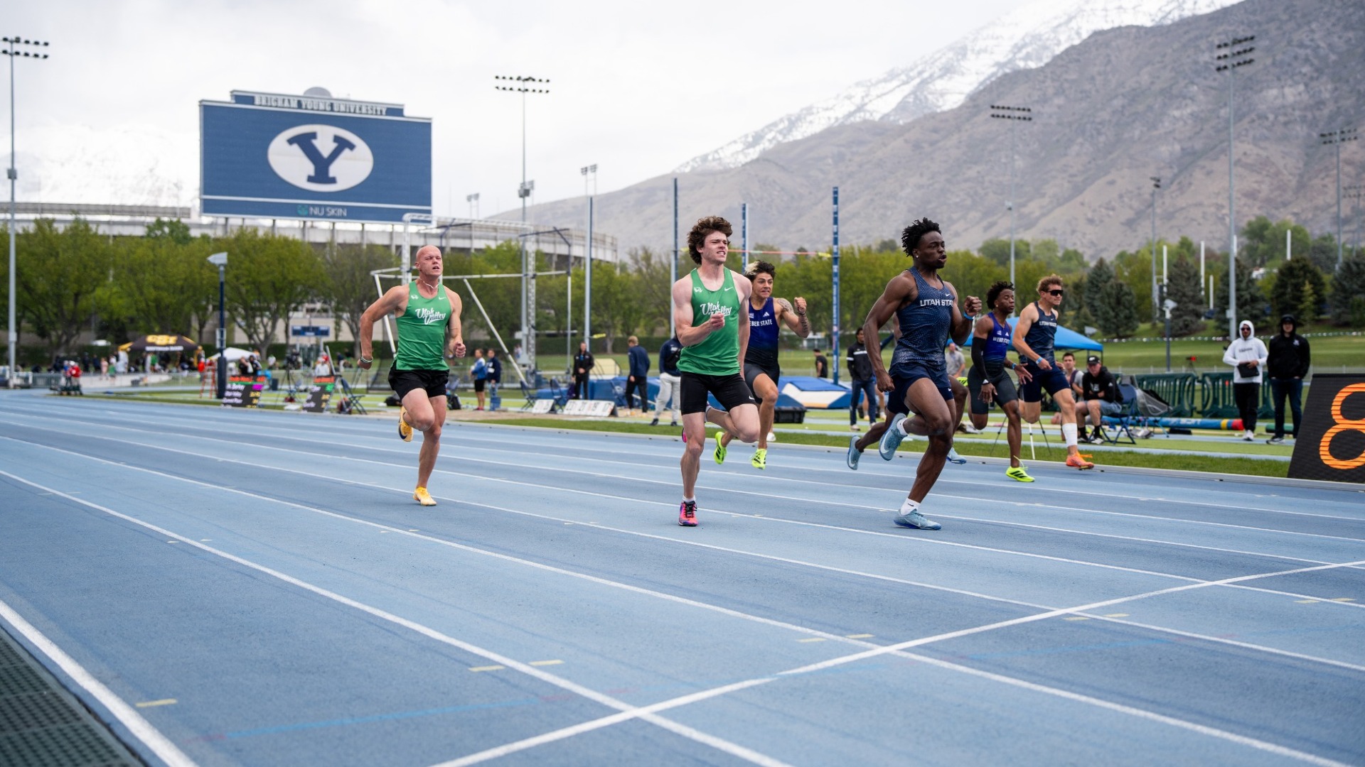 Gavin Stafford and Kade Thompson in the 100-meter dash at BYU