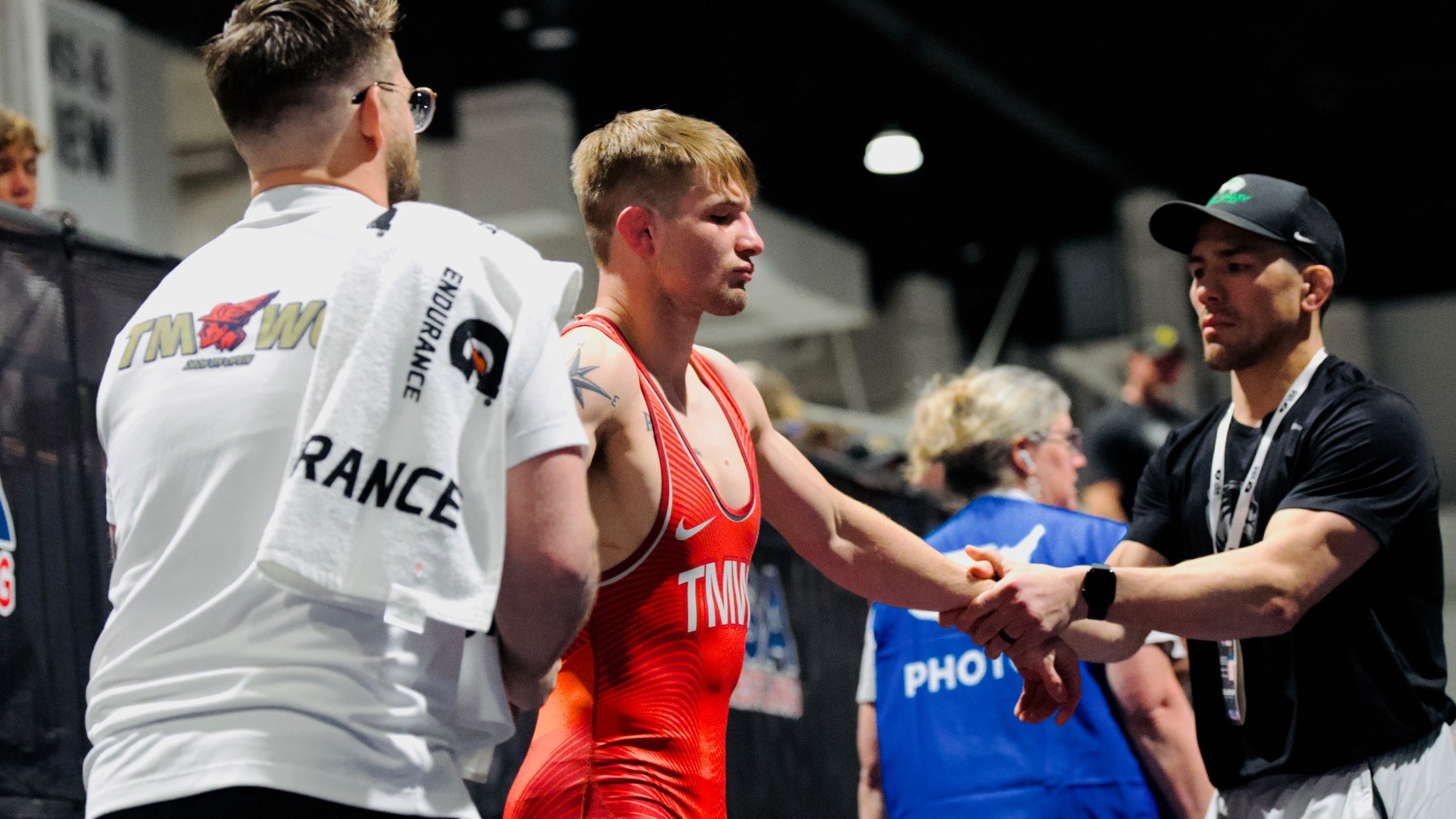 Ed Scott stays warm between periods at the U.S. Senior Wrestling Open in Las Vegas in April 2026