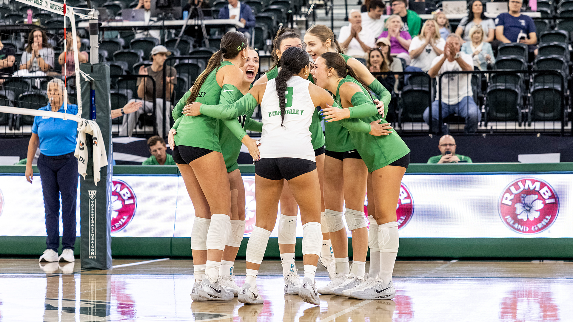 UVU Huddles during a five set thriller against California Baptist