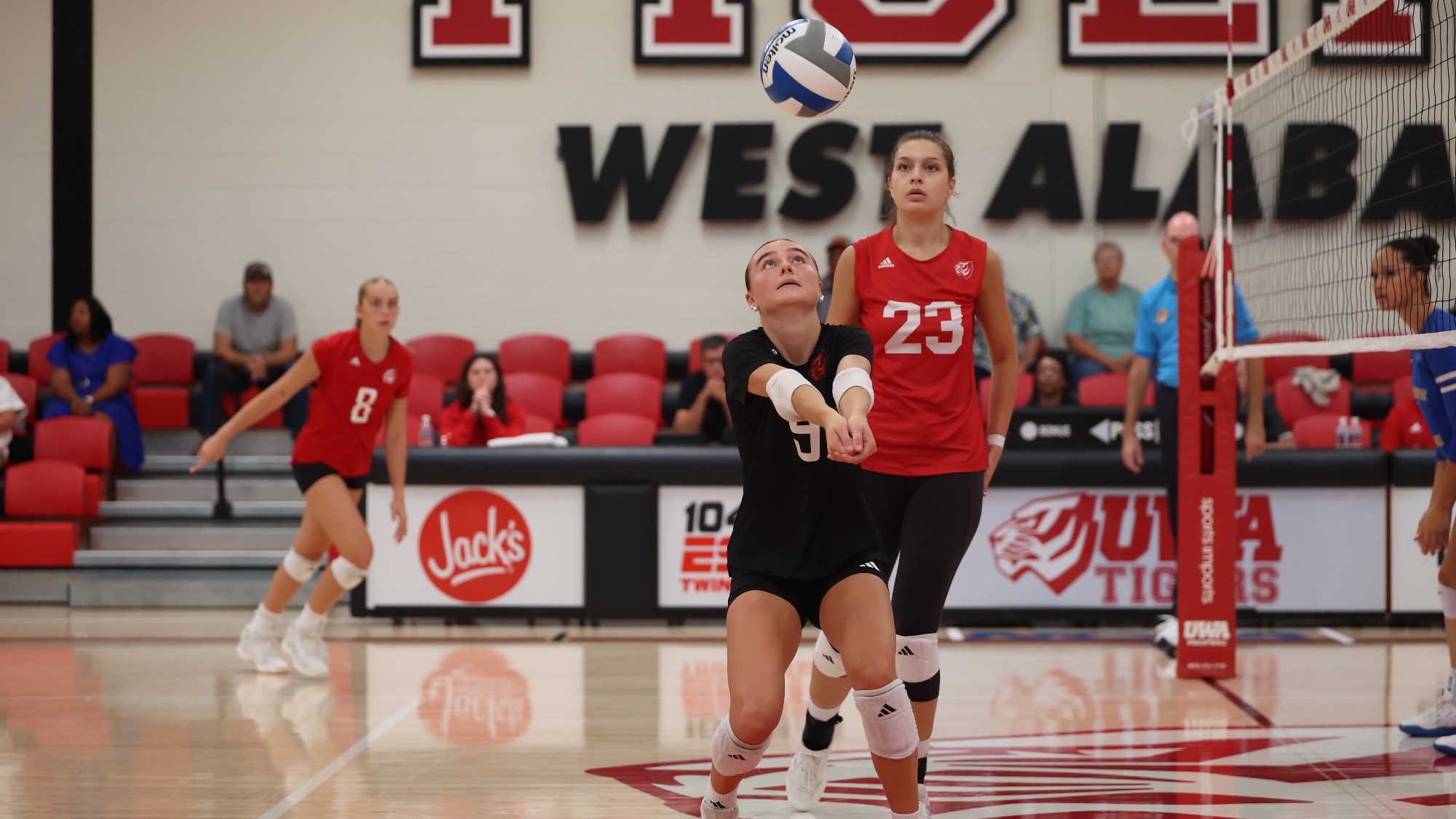 West Alabama libero Bailey Keef (9) digs a ball during the Lady Tigers’ 3-0 victory over Albany State  at Pruitt Hall. 