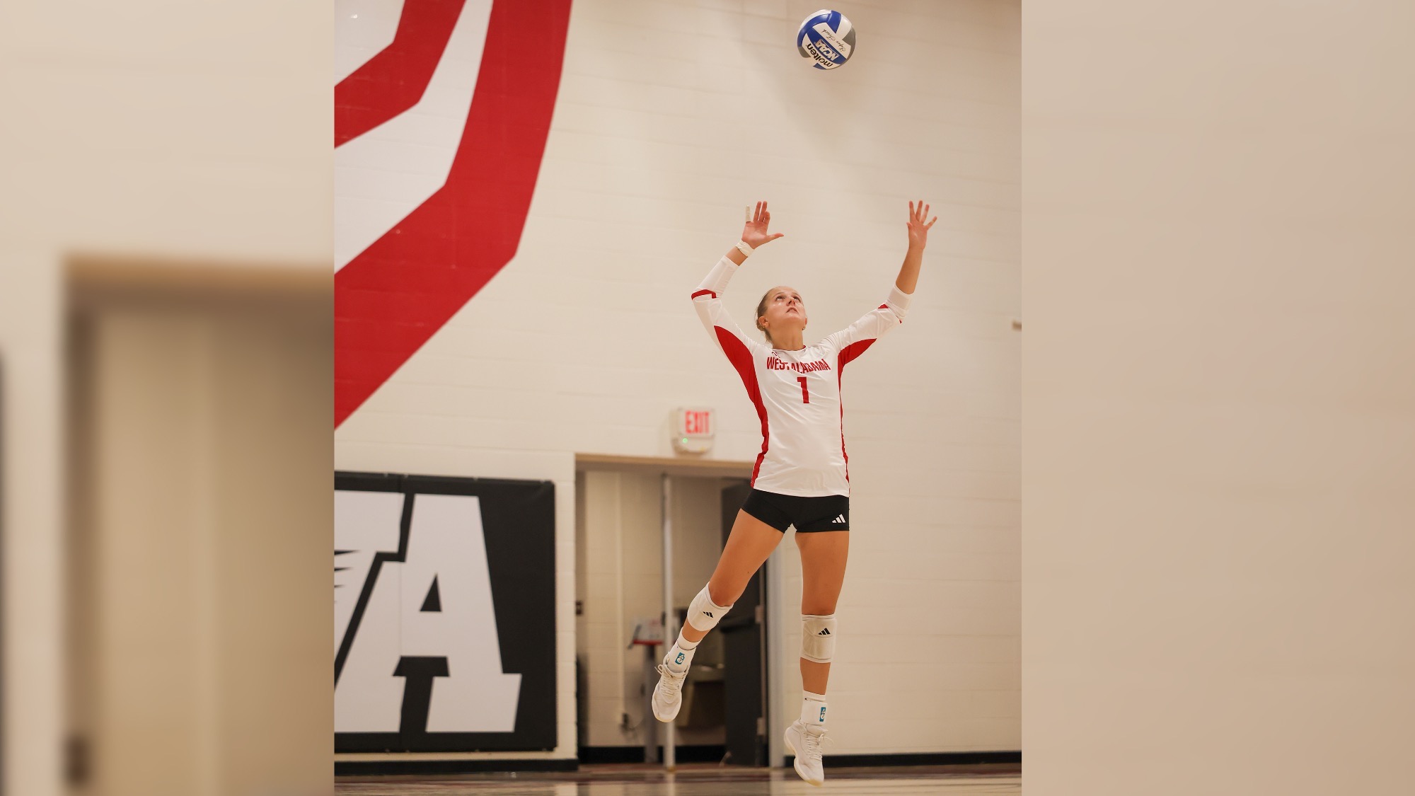 West Alabama freshman setter Rachele Zanini jumps to serve the volleyball during a match against Miles College at Pruitt Hall.