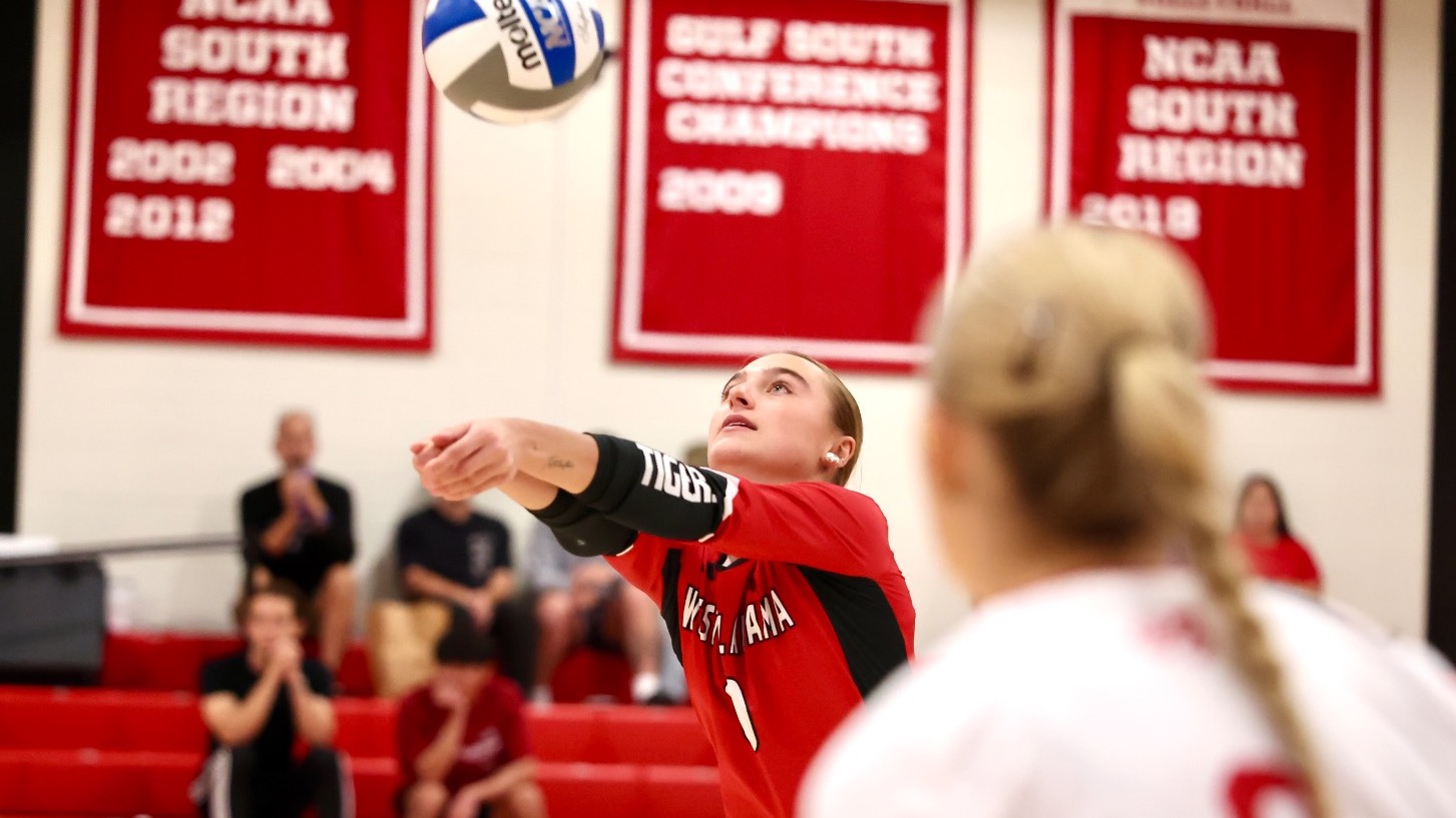 West Alabama libero Bailey Keef uses a forearm pass to dig the ball during a match at Pruitt Hall.