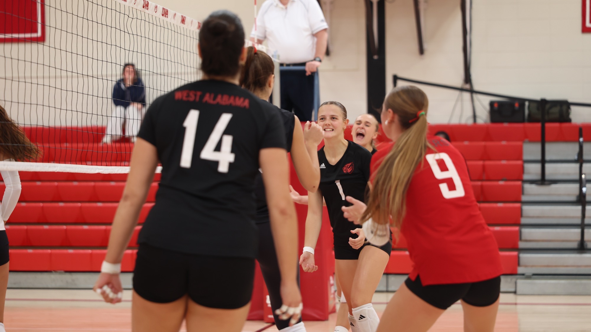 West Alabama volleyball players gather near the net to celebrate a point during a match at Pruitt Hall.