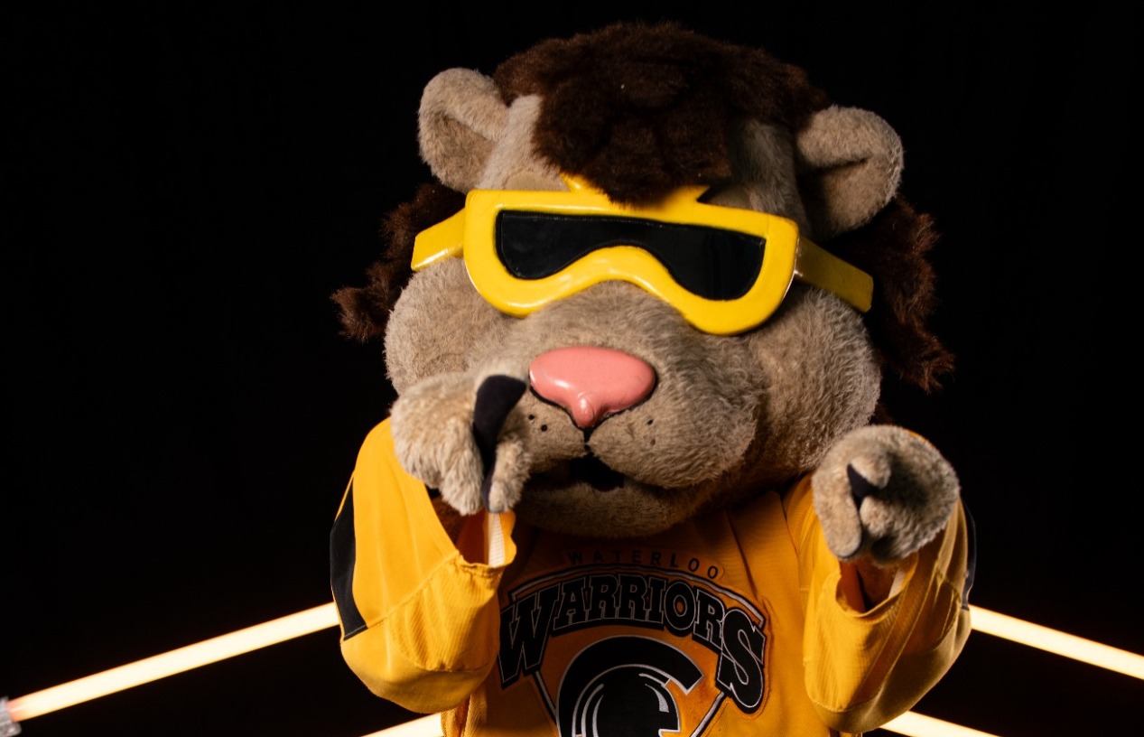 King Warrior, Waterloo Warriors mascot pointing at the camera