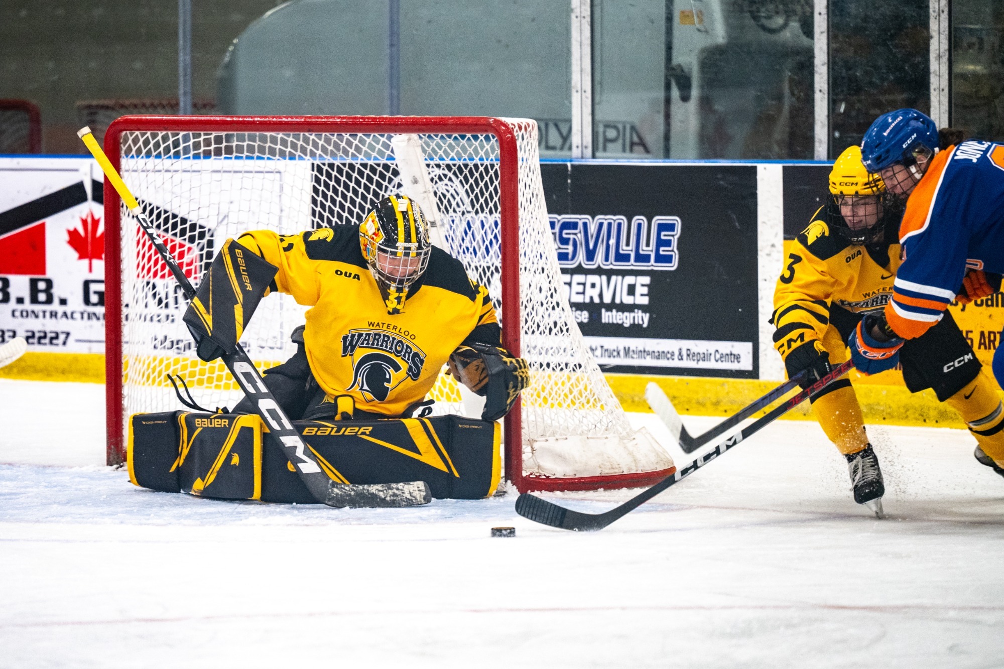 Kara Mark tracks the puck against Ontario Tech at the 2025 Pride Game in Elmira
