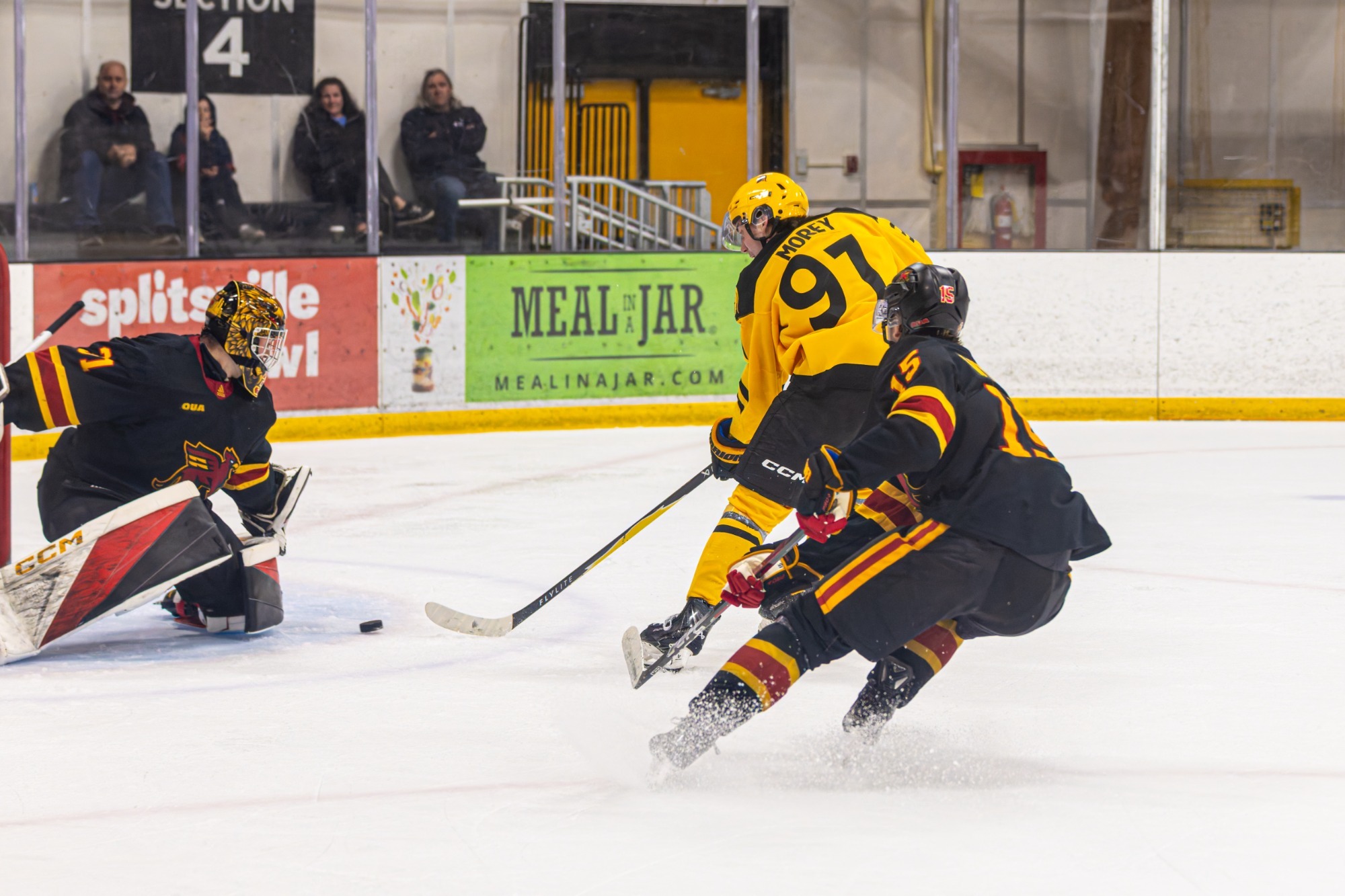 Kyle Morey tries a deke on a breakaway vs Guelph