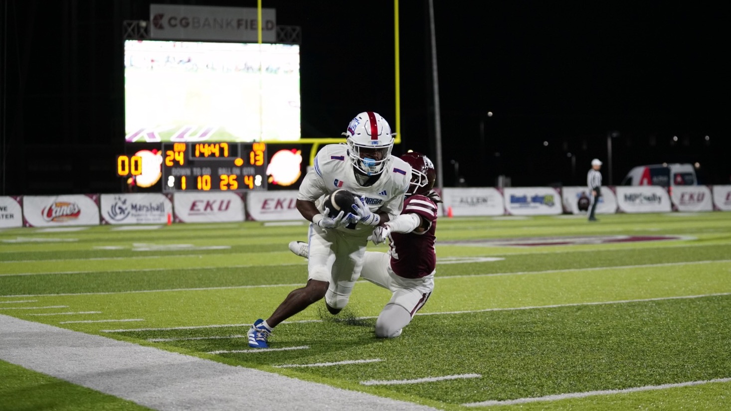 TJ Lockley hauls in a catch on the sideline at Roy Kidd Stadium.