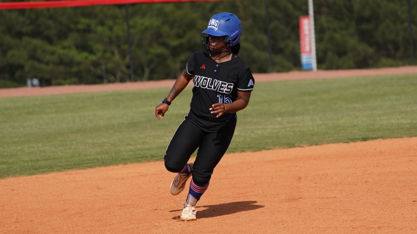 Tamia Young of UWG softball dons the all-black uniform as she rounds second base in a UWG home game against Samford on April 21, 2026.