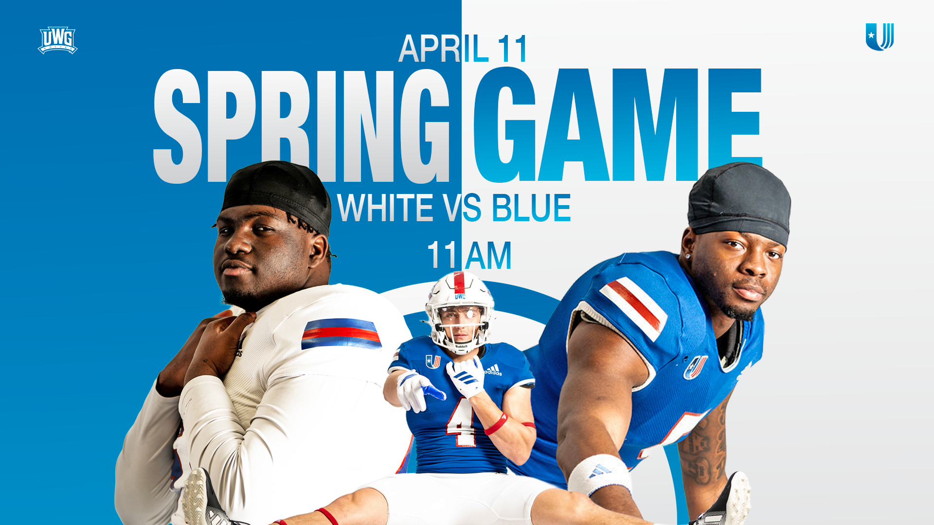 Two players looking in opposite directions wearing blue and white jerseys for the Blue White Spring Game on April 11 at 11AM