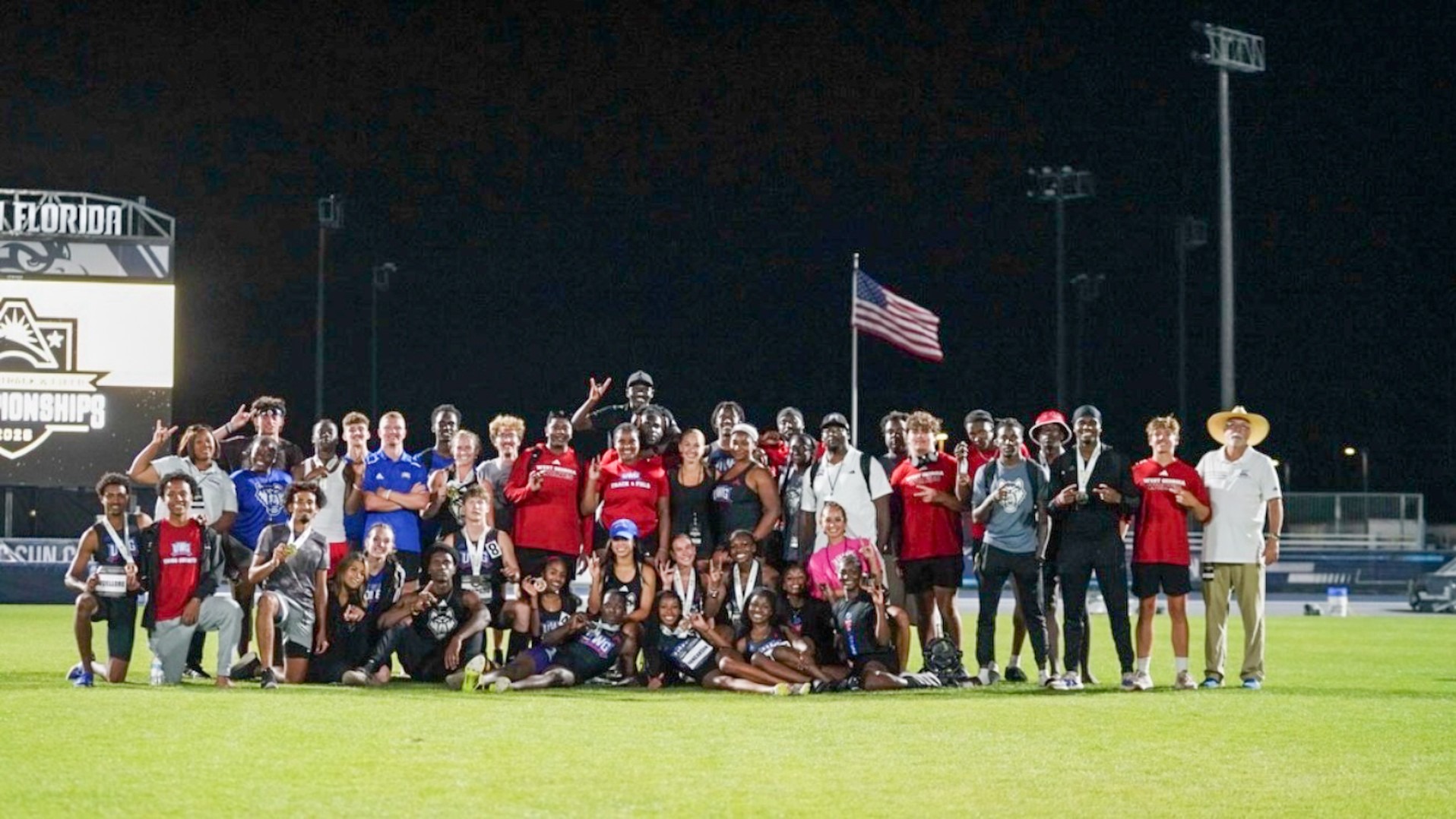 UWG men’s and women’s track & field student-athletes and coaches gather for a team photo following the conclusion of the 2026 ASUN Outdoor Track & Field Championships in Jacksonville, Florida. The Wolves finished the meet with 13 total medals, five gold medals, and six school records in one of the strongest championship performances in program history.