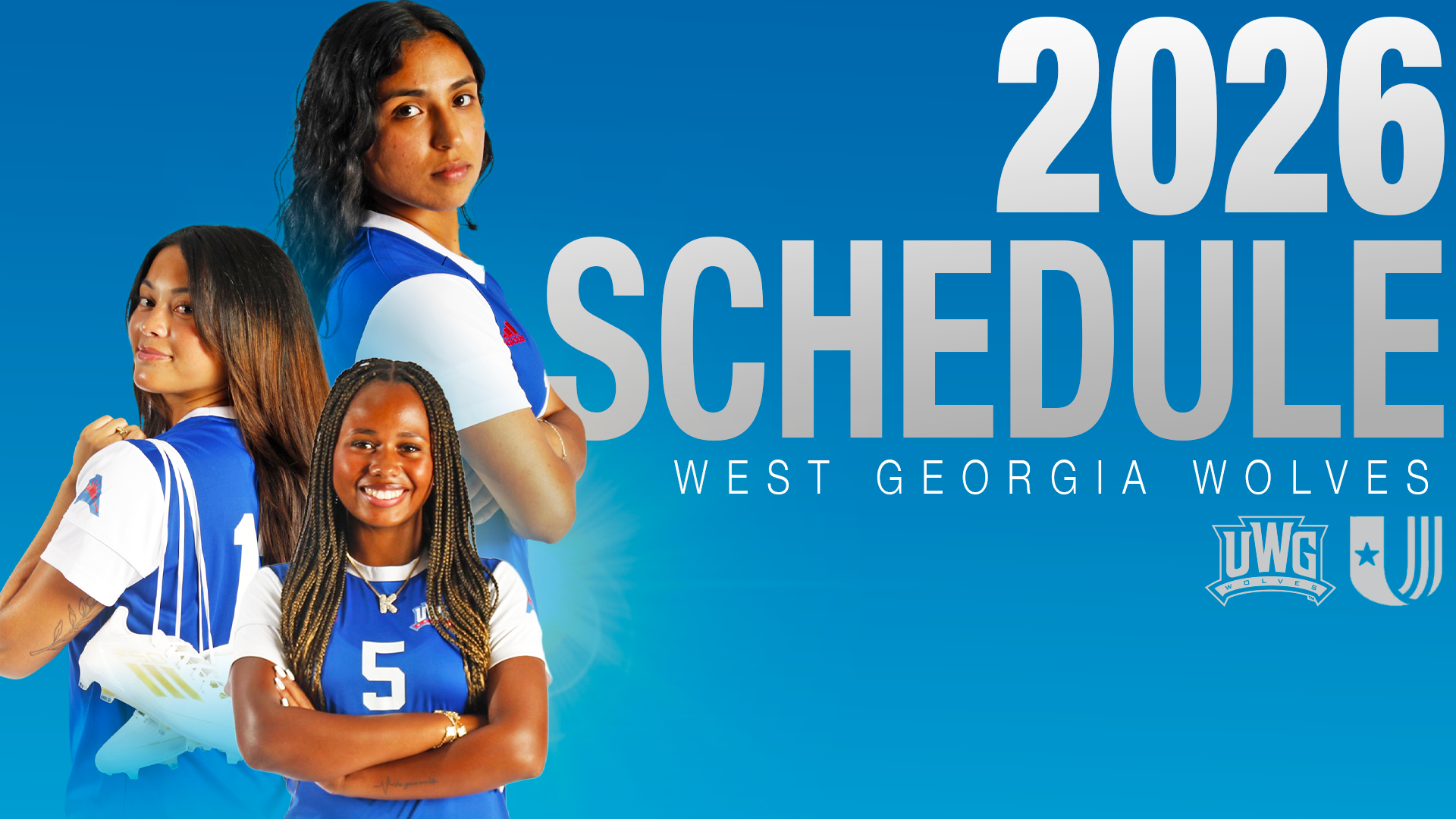 Three UWG women’s soccer players pose in blue and white uniforms in front of a bright blue background for the 2026 schedule release graphic. One player stands in the center with crossed arms and a smile, while two others pose behind her. Large silver text reads “2026 Schedule” with “West Georgia Wolves” underneath. The UWG Wolves logo and United Athletic Conference logo appear in the bottom right corner.